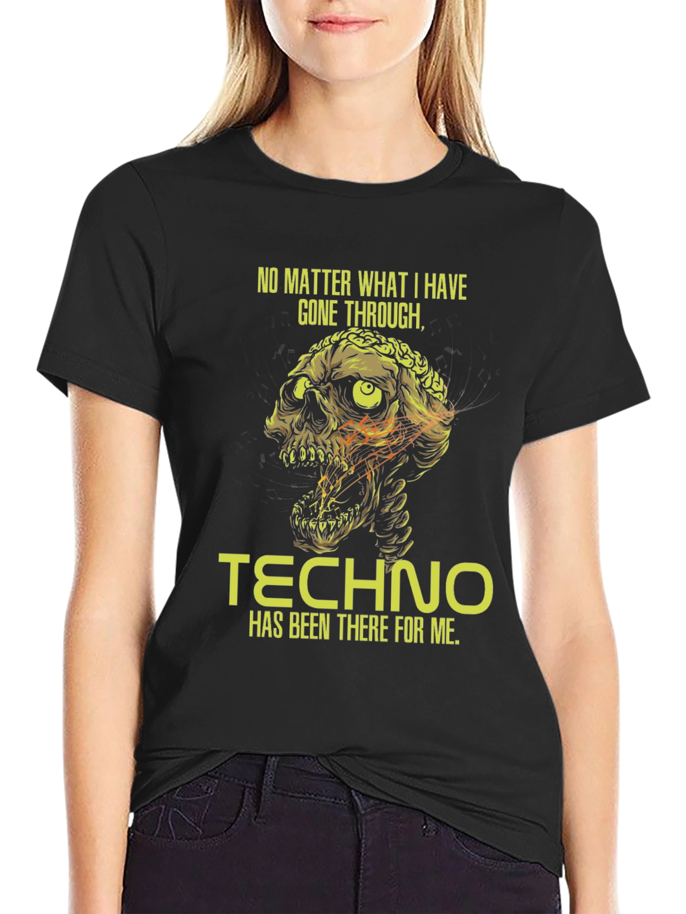 Black Techno Skull Graphic T-Shirt view 2