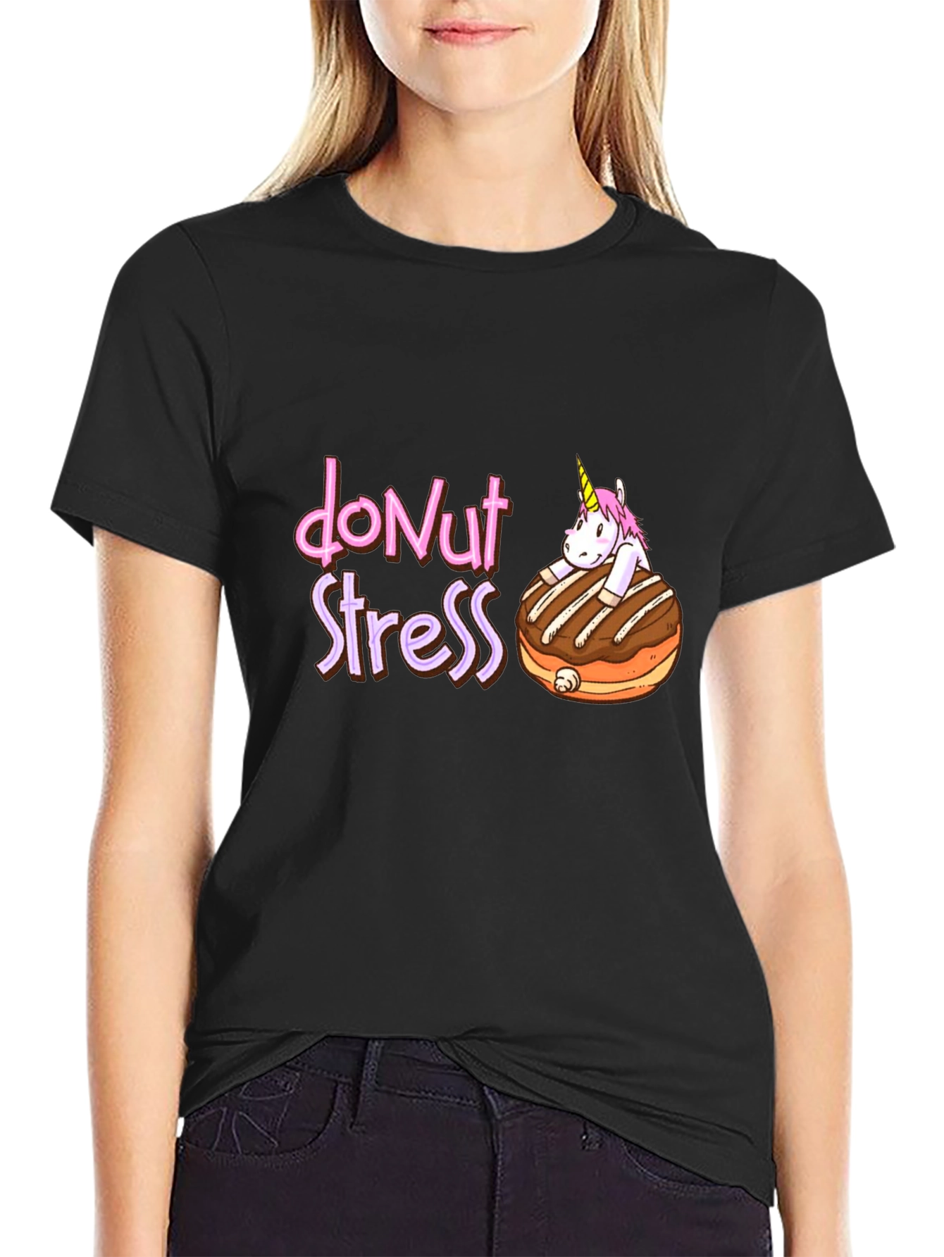 Black Donut Stress T-Shirt - Cute Unicorn Tee view 2