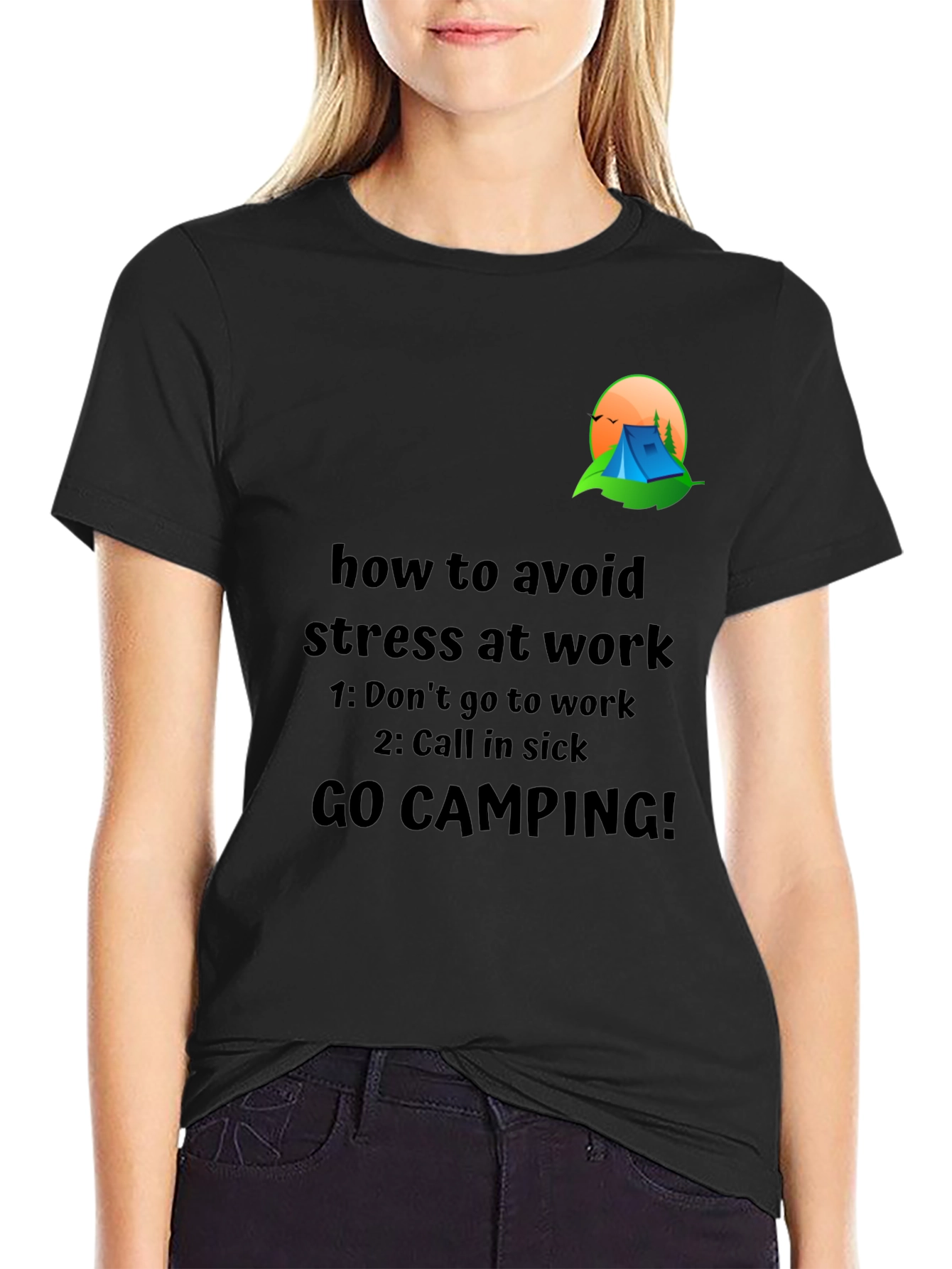 Black Avoid Stress T-Shirt: Camping Graphic Tee view 2