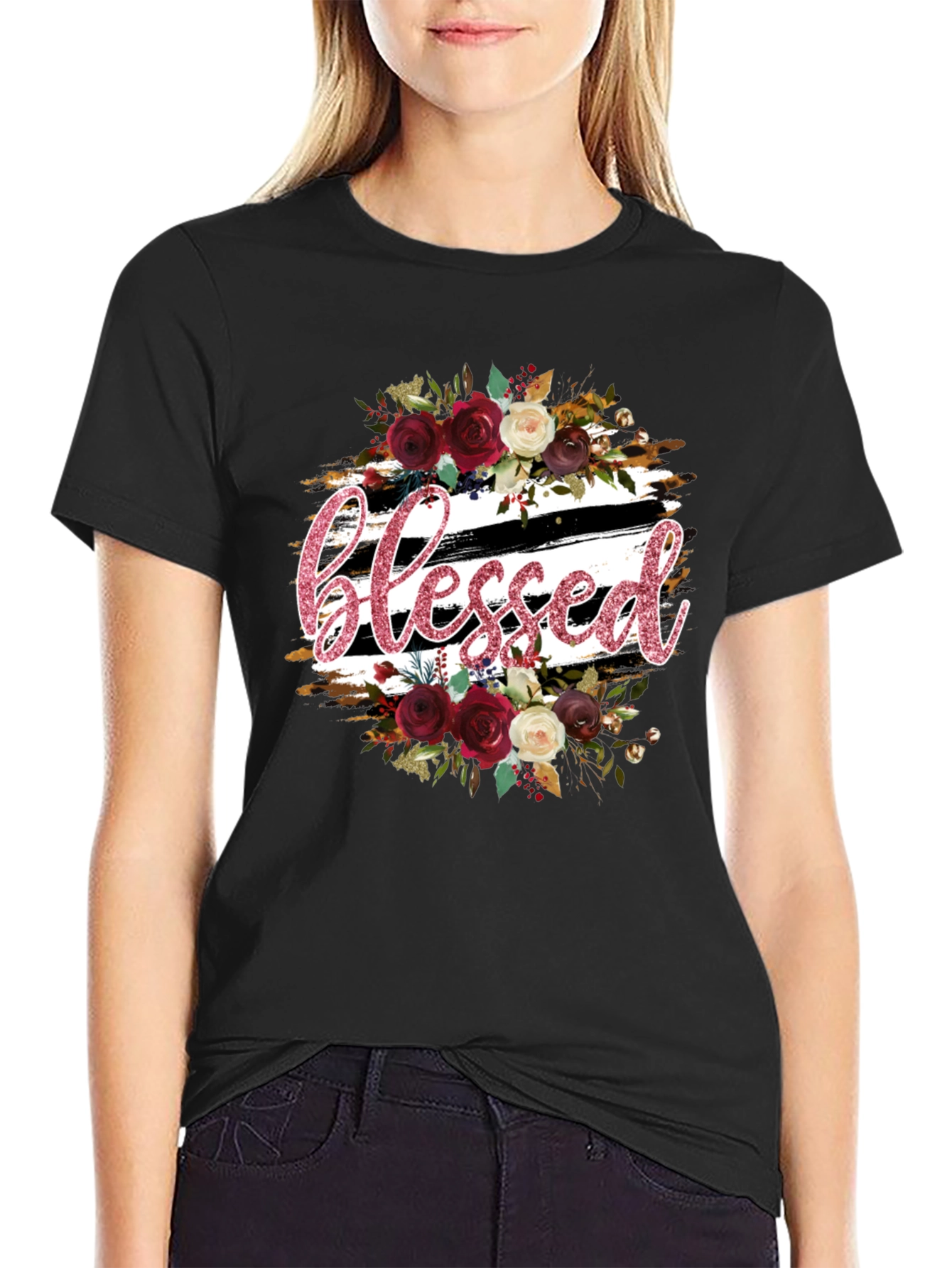 Black Blessed Floral Graphic T-Shirt - Stylish & Comfortable view 2