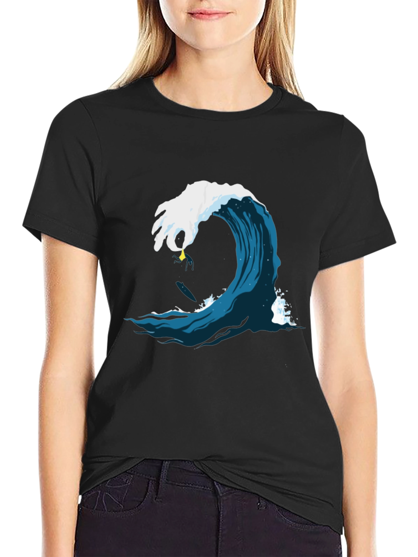 Black Surfer Wave Graphic Tee - Black Cotton Shirt view 2