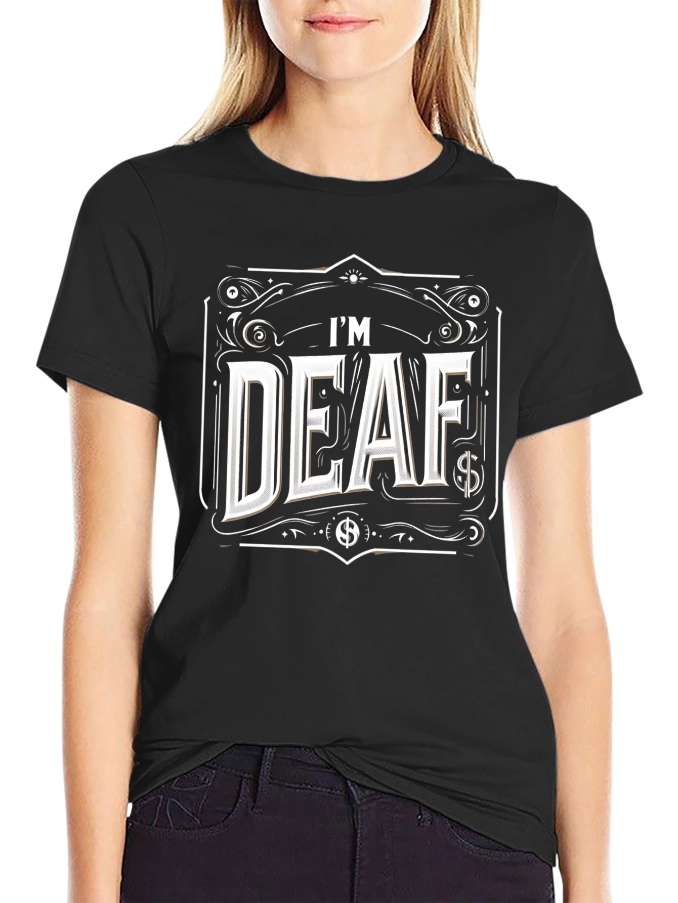 Black I'm Deaf Graphic T-Shirt - Black Cotton Tee view 2