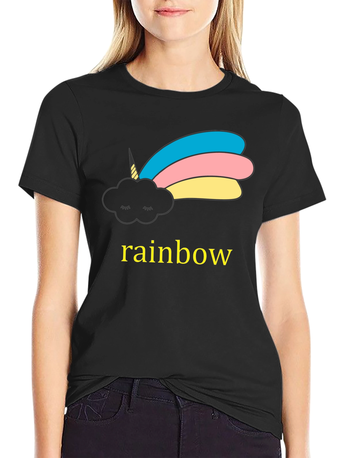 Black Unicorn Cloud Rainbow Graphic Black T-Shirt view 2