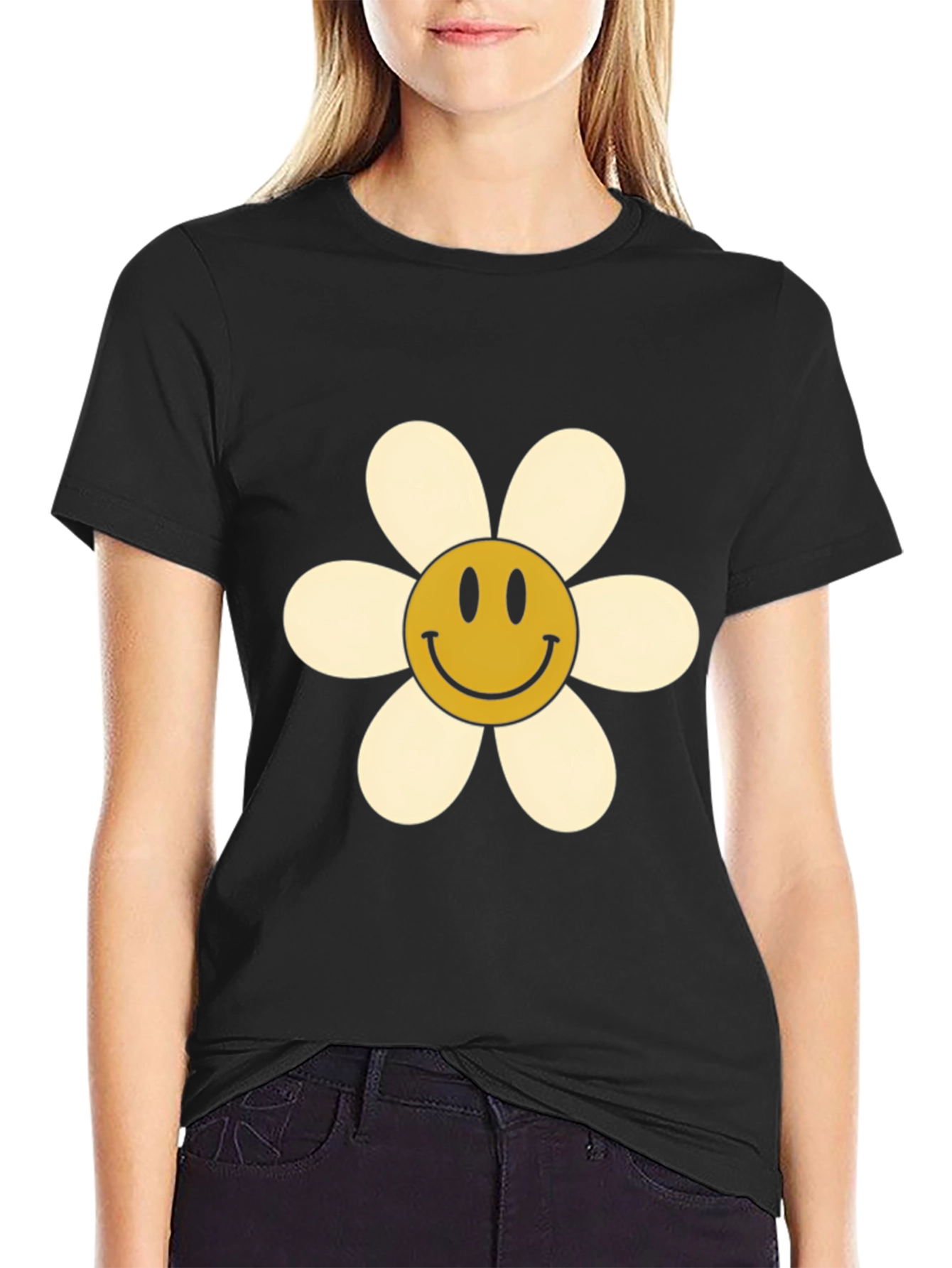 Black Smiley Flower Graphic Tee - Retro Style view 2