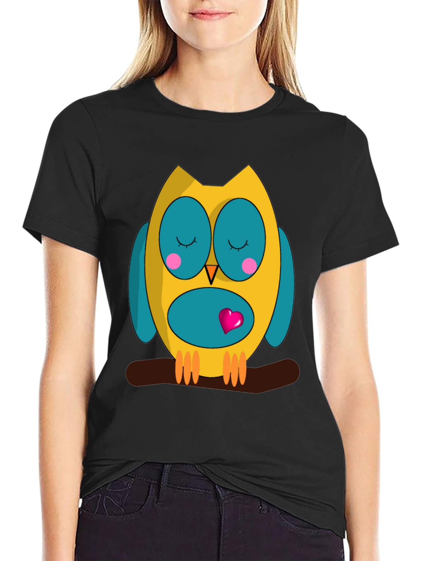 Black Cute Owl Graphic Tee - Black Cotton Blend Shirt view 2