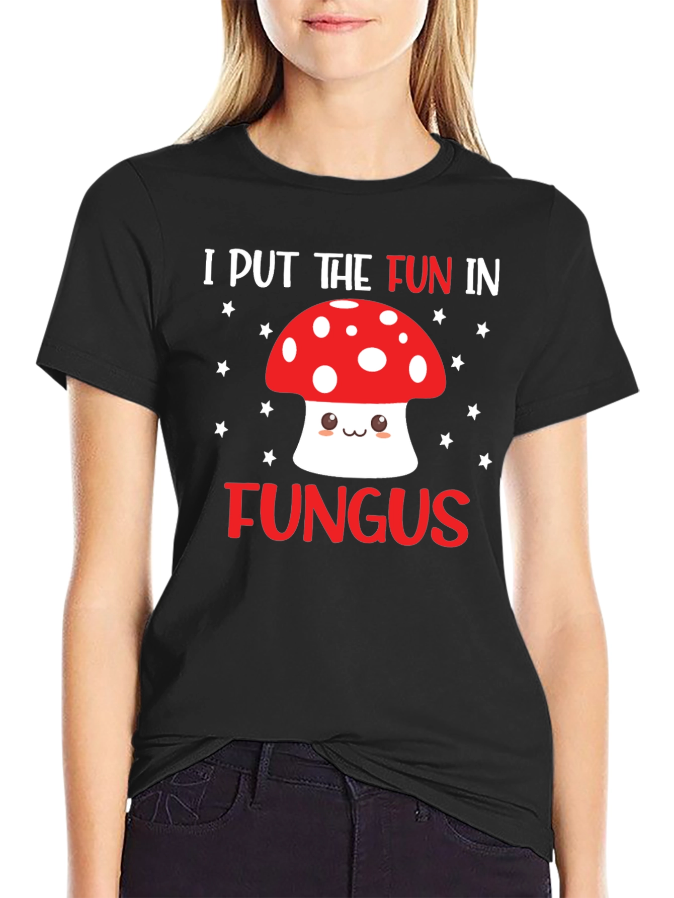 Black Funny Mushroom T-Shirt - "I Put the Fun in Fungus" view 2