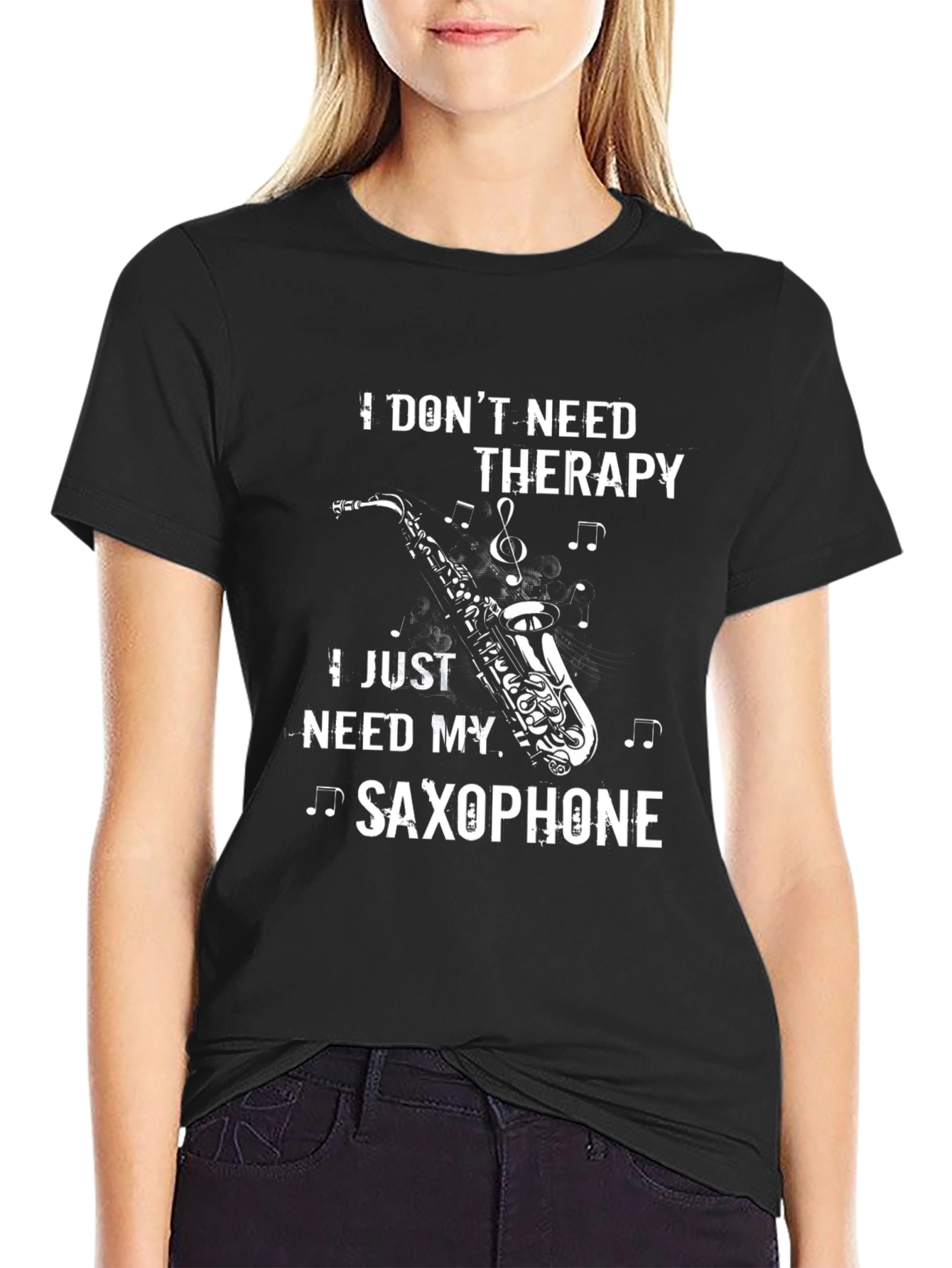 Black Saxophone Therapy T-Shirt - Musician Gift Idea view 2