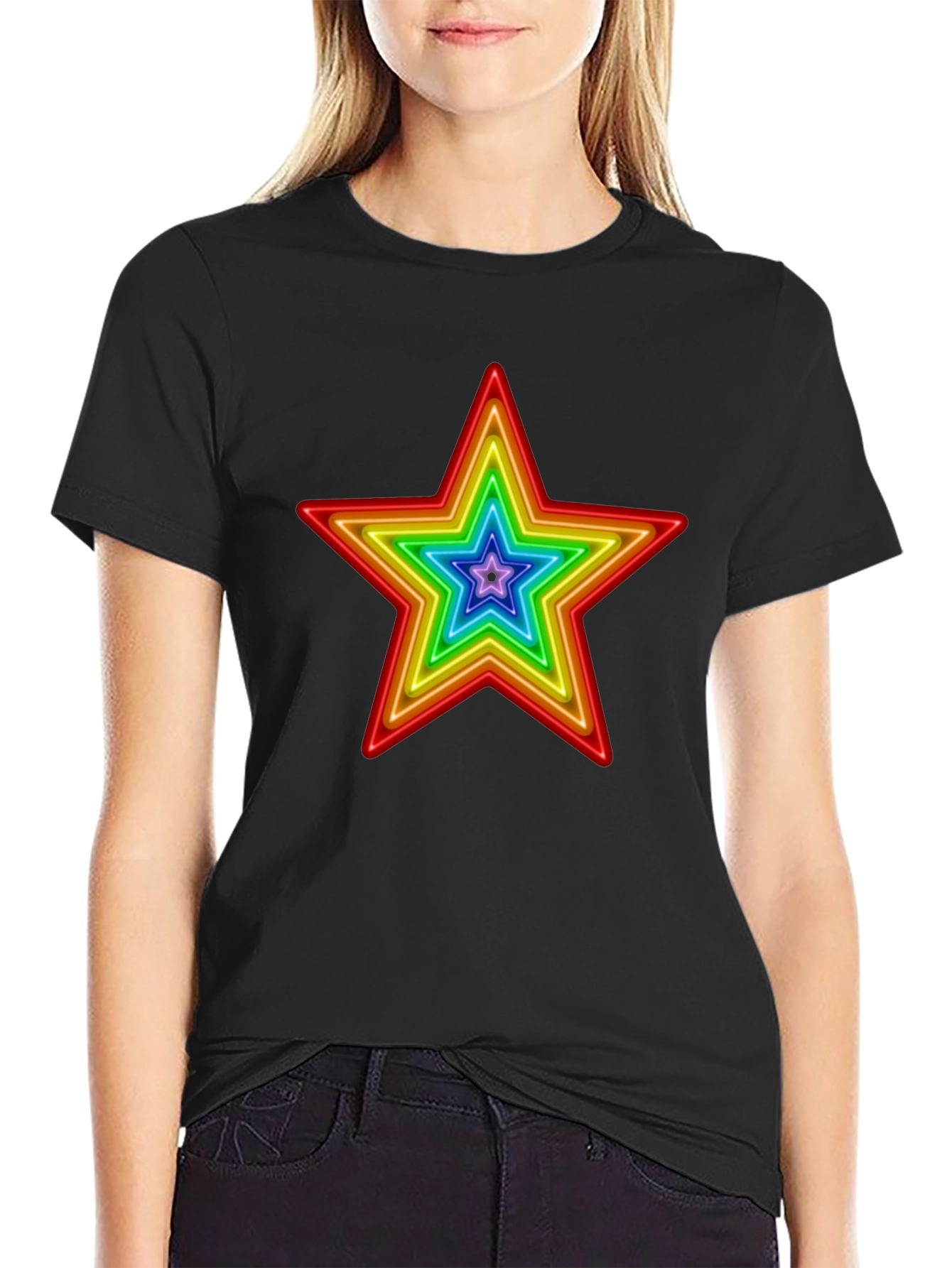 Black Rainbow Star Graphic Print T-Shirt view 2