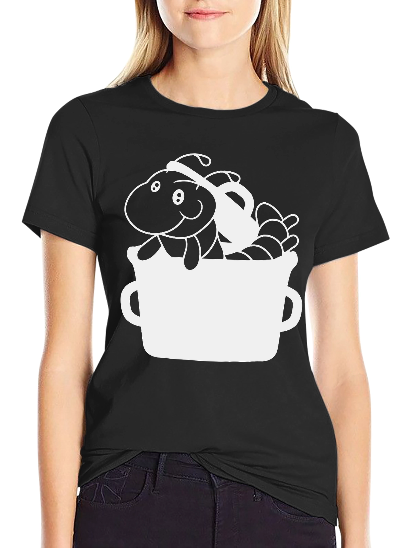 Black Cute Worm in a Mug Graphic T-Shirt view 2