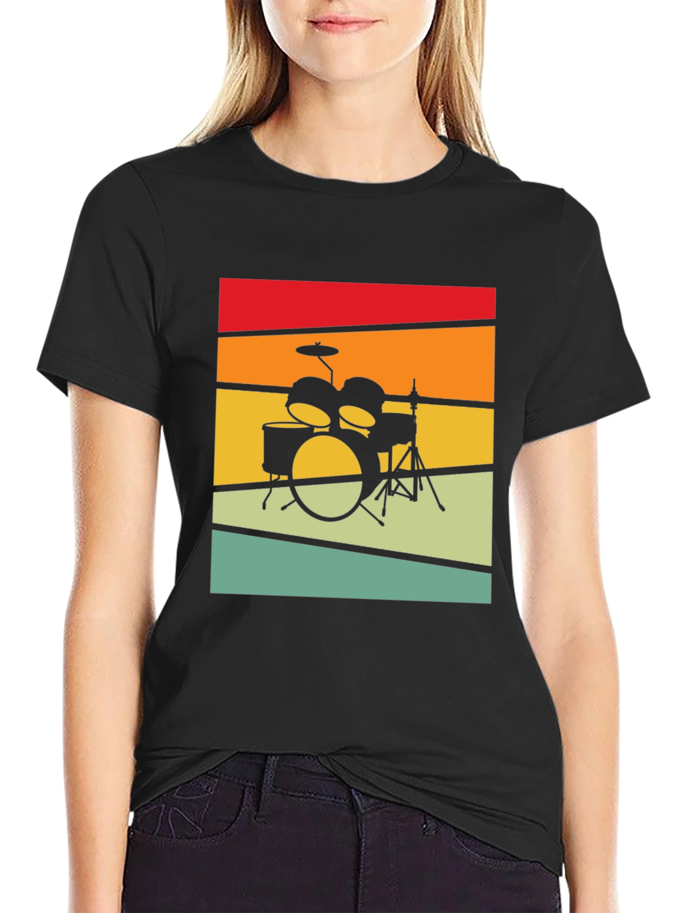 Black Retro Drum Set Graphic T-Shirt - Vintage Style Tee view 2