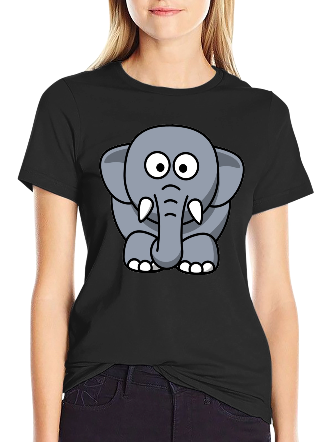 Black Cartoon Elephant Graphic Tee - Black Cotton T-Shirt view 2