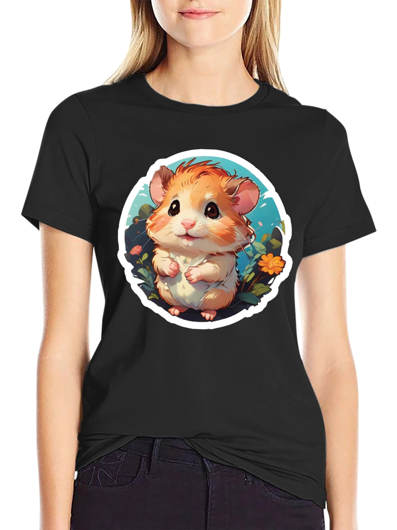 Black Cute Hamster Graphic Tee - Black Cotton Blend view 2