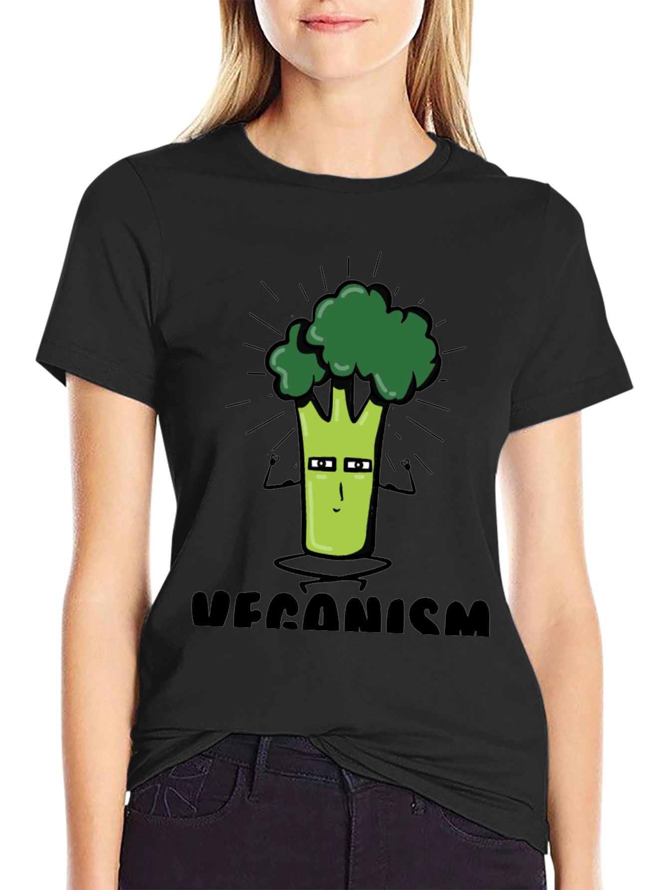 Black Veganism Cartoon Broccoli Black T-Shirt view 2