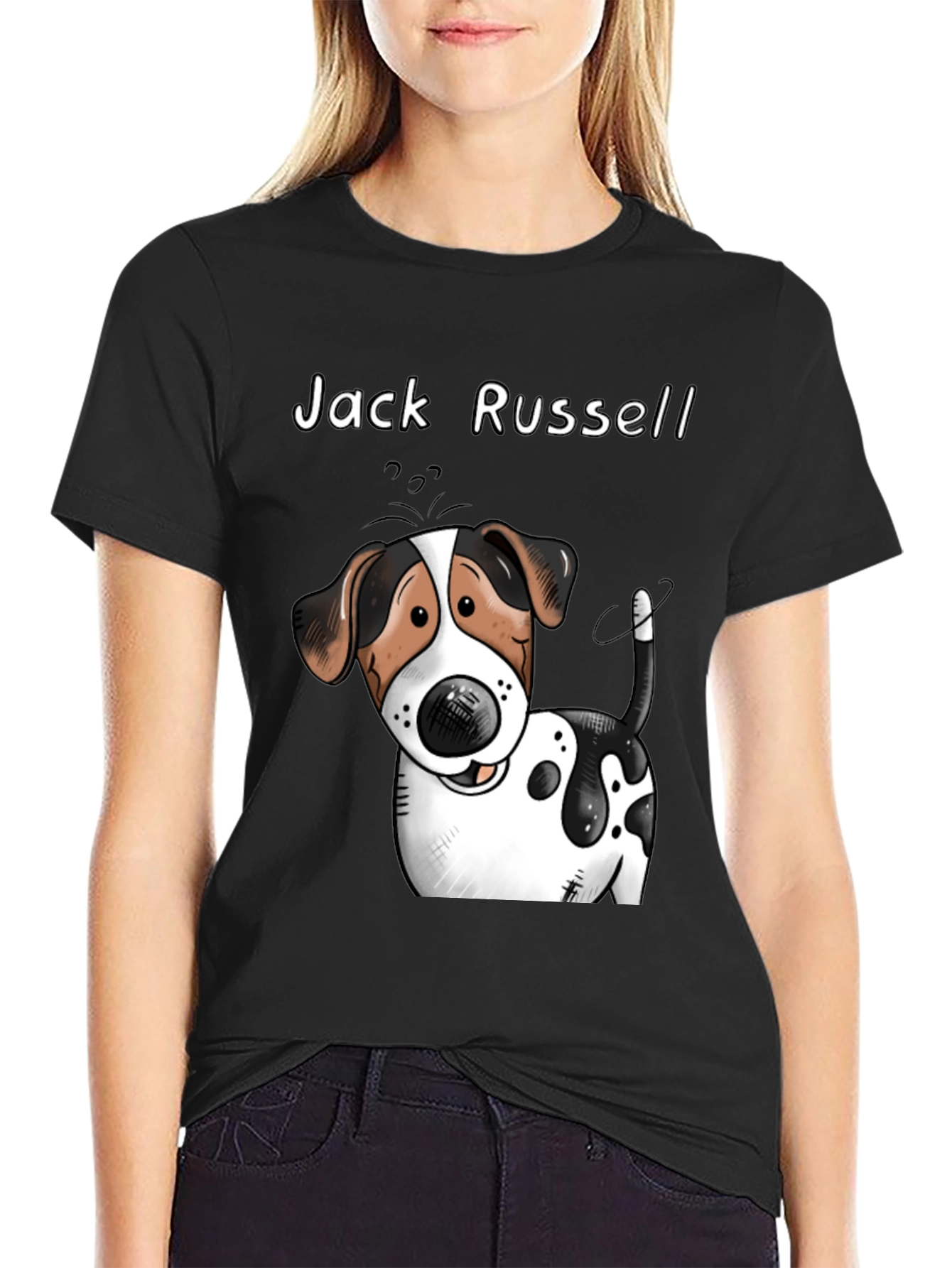 Black Jack Russell Dog Cartoon Graphic T-Shirt view 2