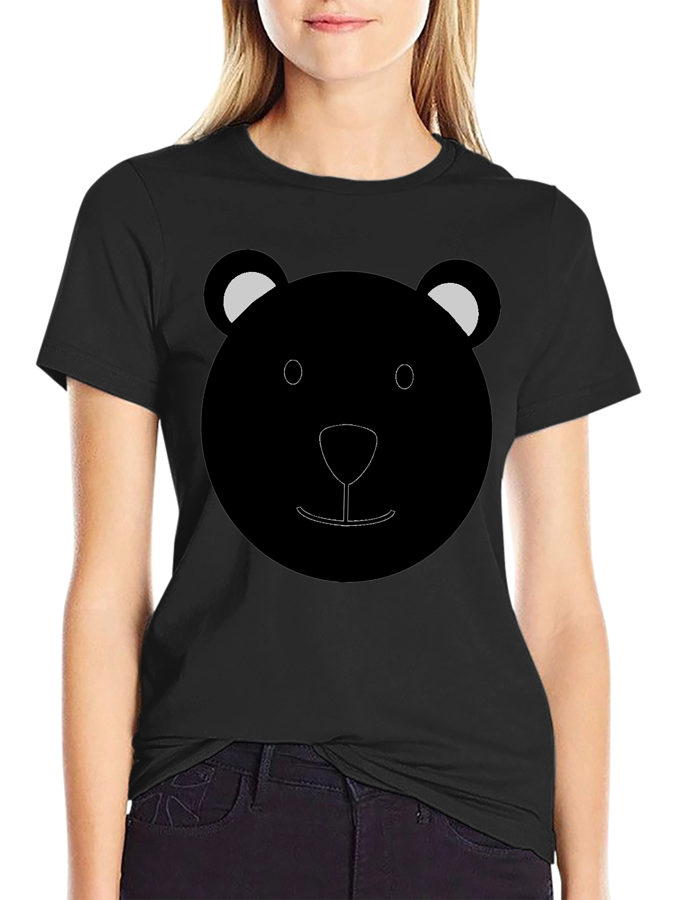 Black Cute Bear Face Graphic T-Shirt - Black view 2