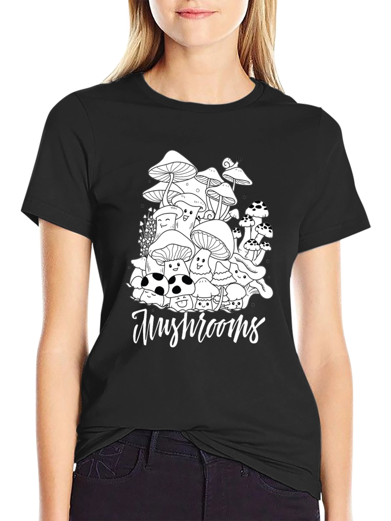 Black Mushroom Graphic Tee - Black Cotton Casual T-Shirt view 2