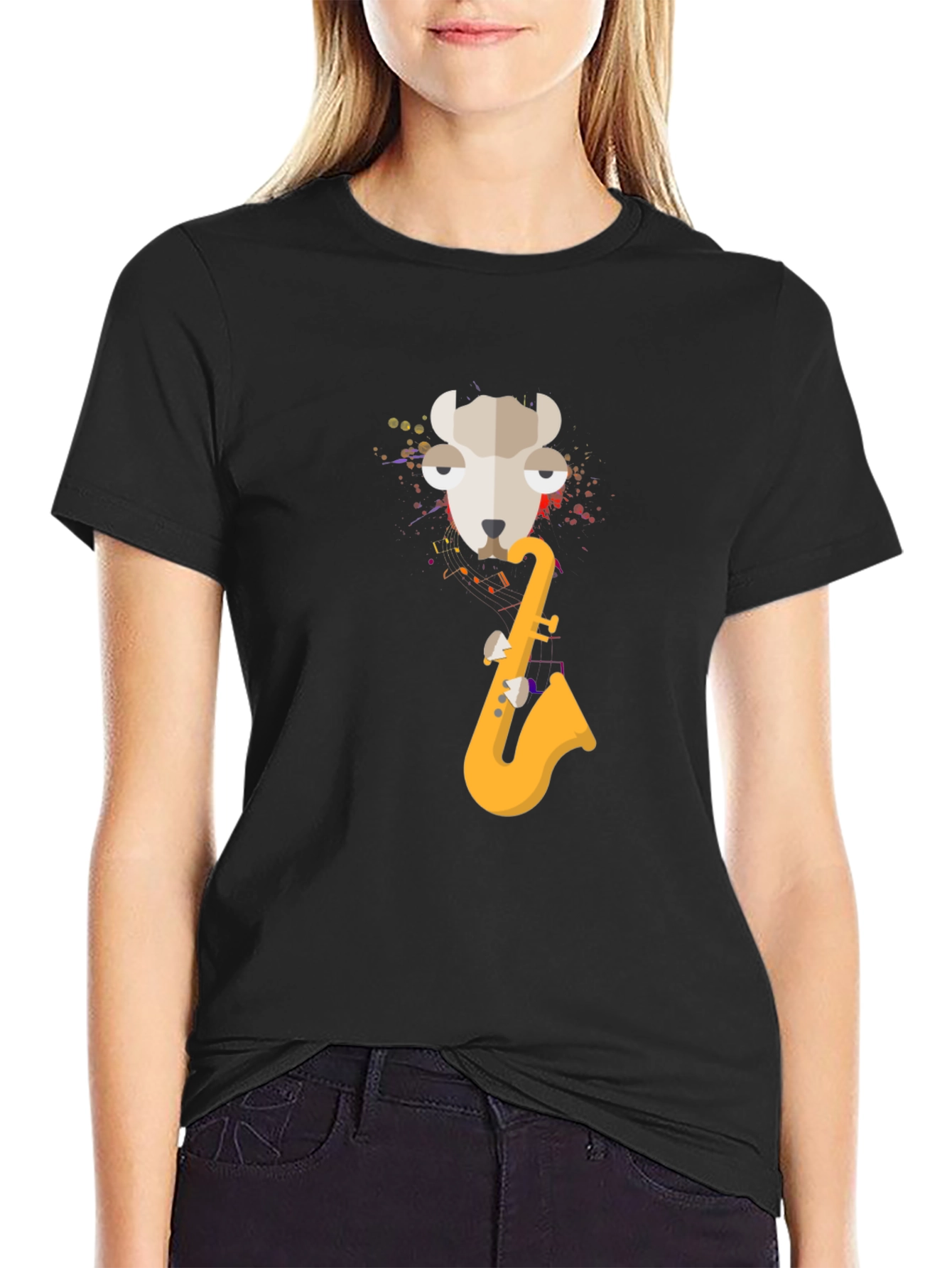 Black Cool Llama Saxophone Black T-Shirt view 2