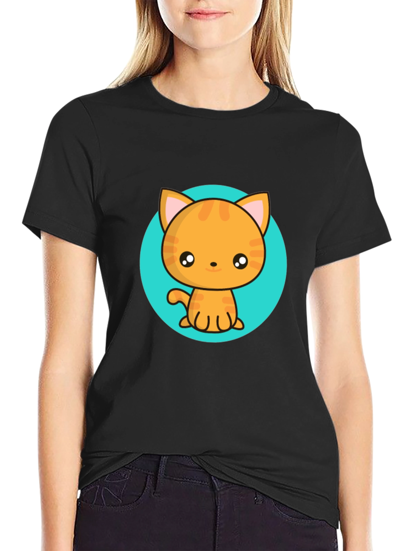 Black Cute Cartoon Cat T-Shirt - Black Crew Neck Tee view 2