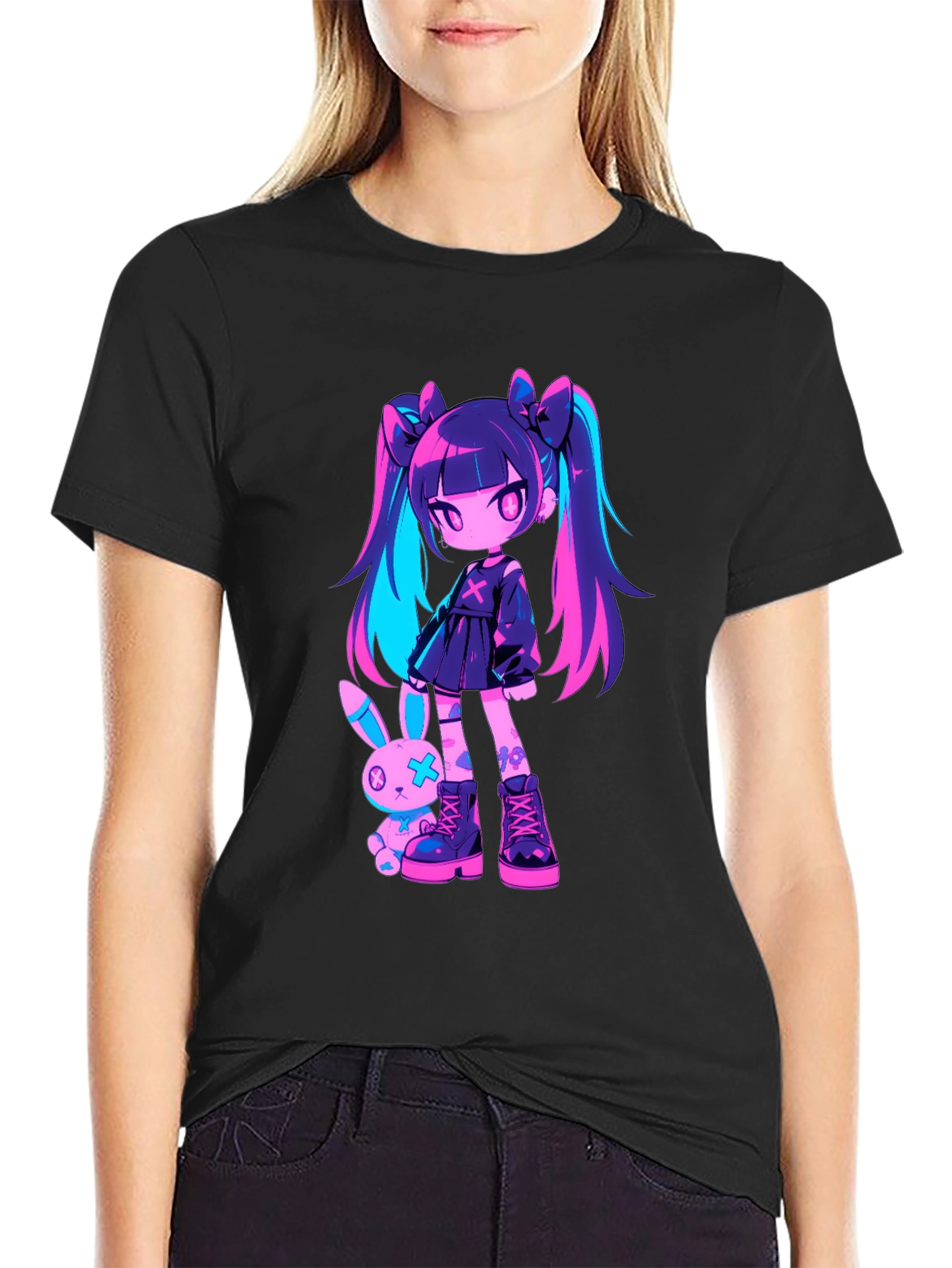 Black Anime Girl & Bunny Black T-Shirt view 2