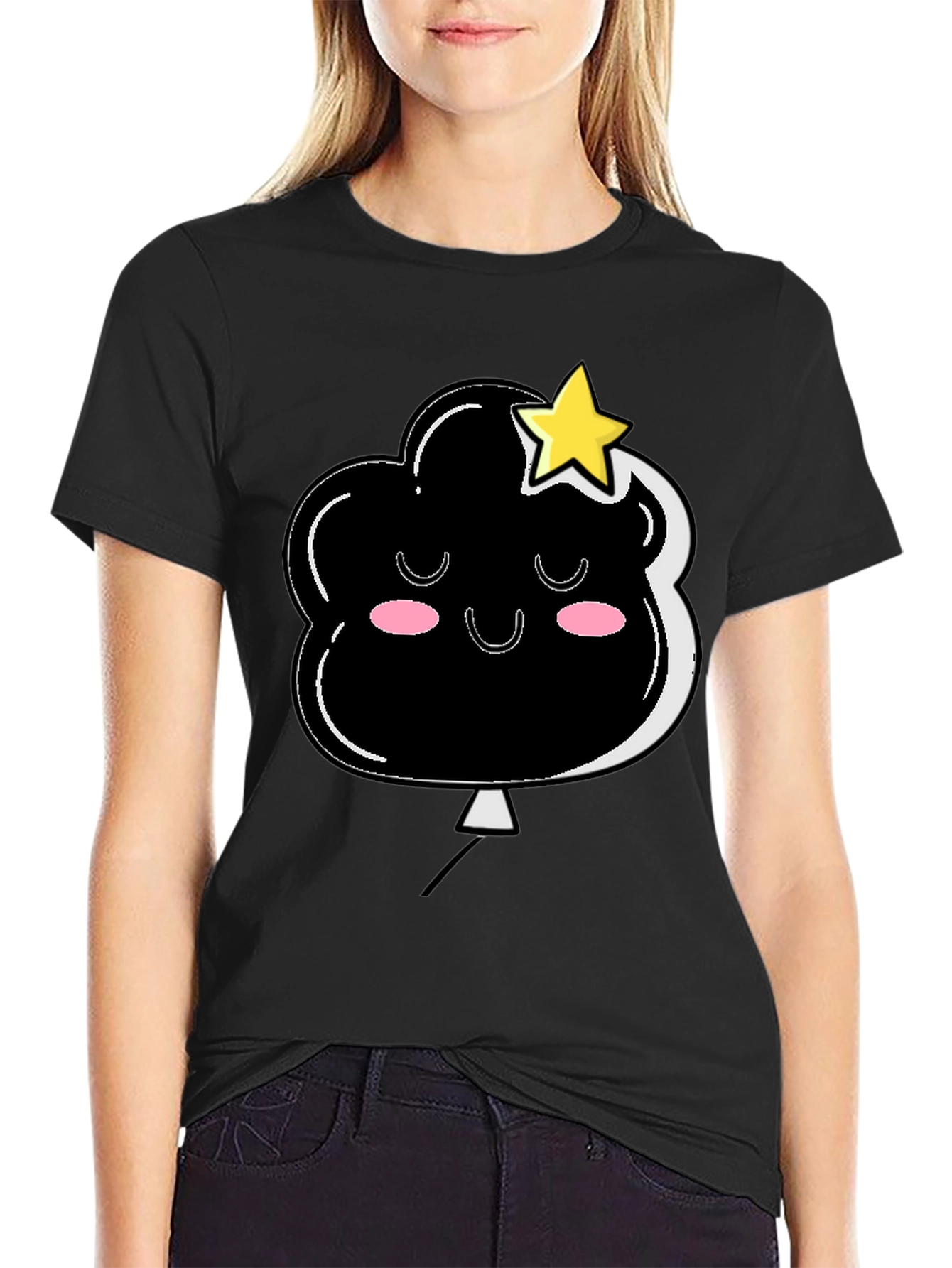 Black Cute Cloud & Star Graphic Black T-Shirt view 2
