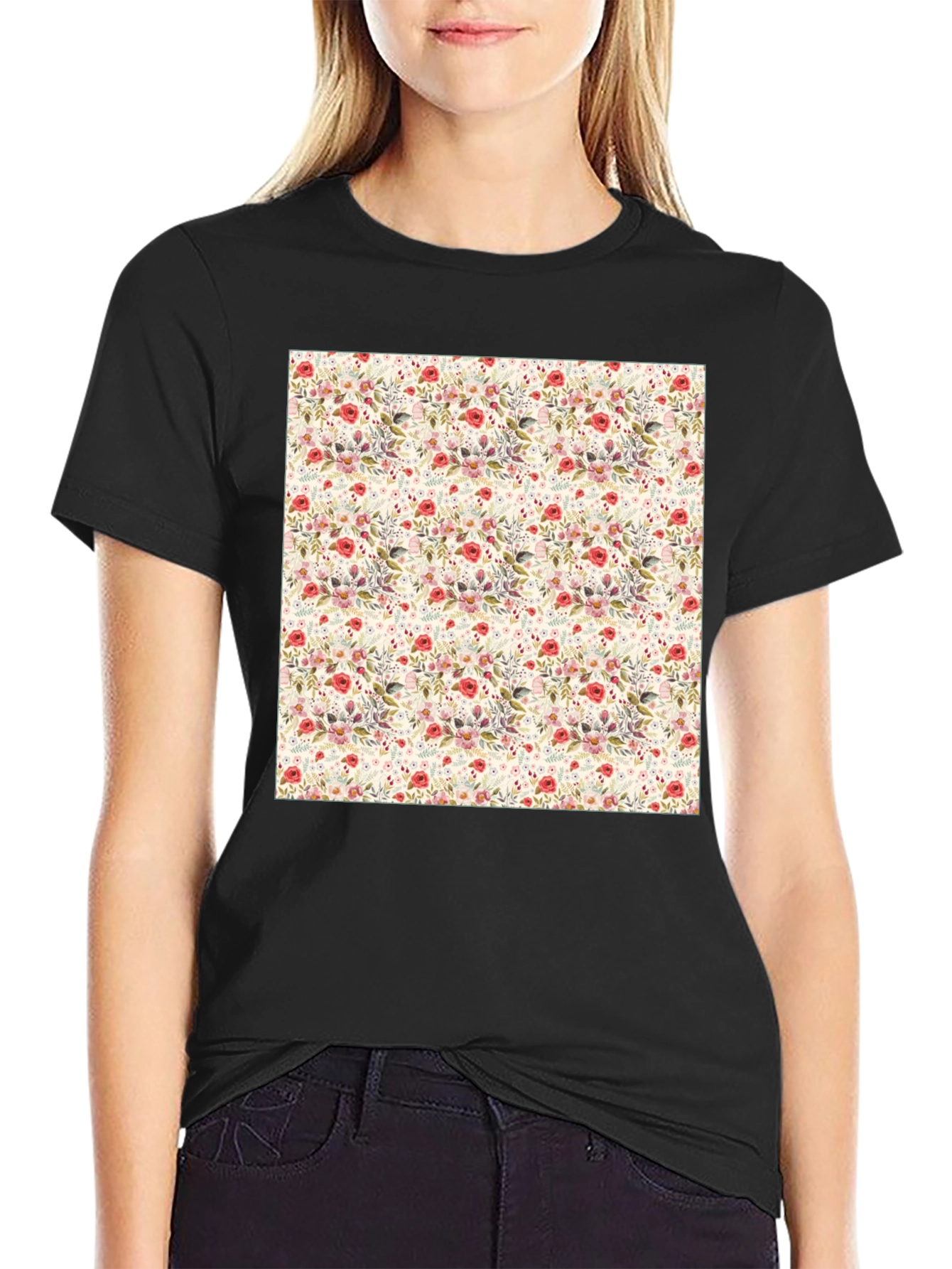 Black Floral Print Crew Neck Tee - Casual Style view 2