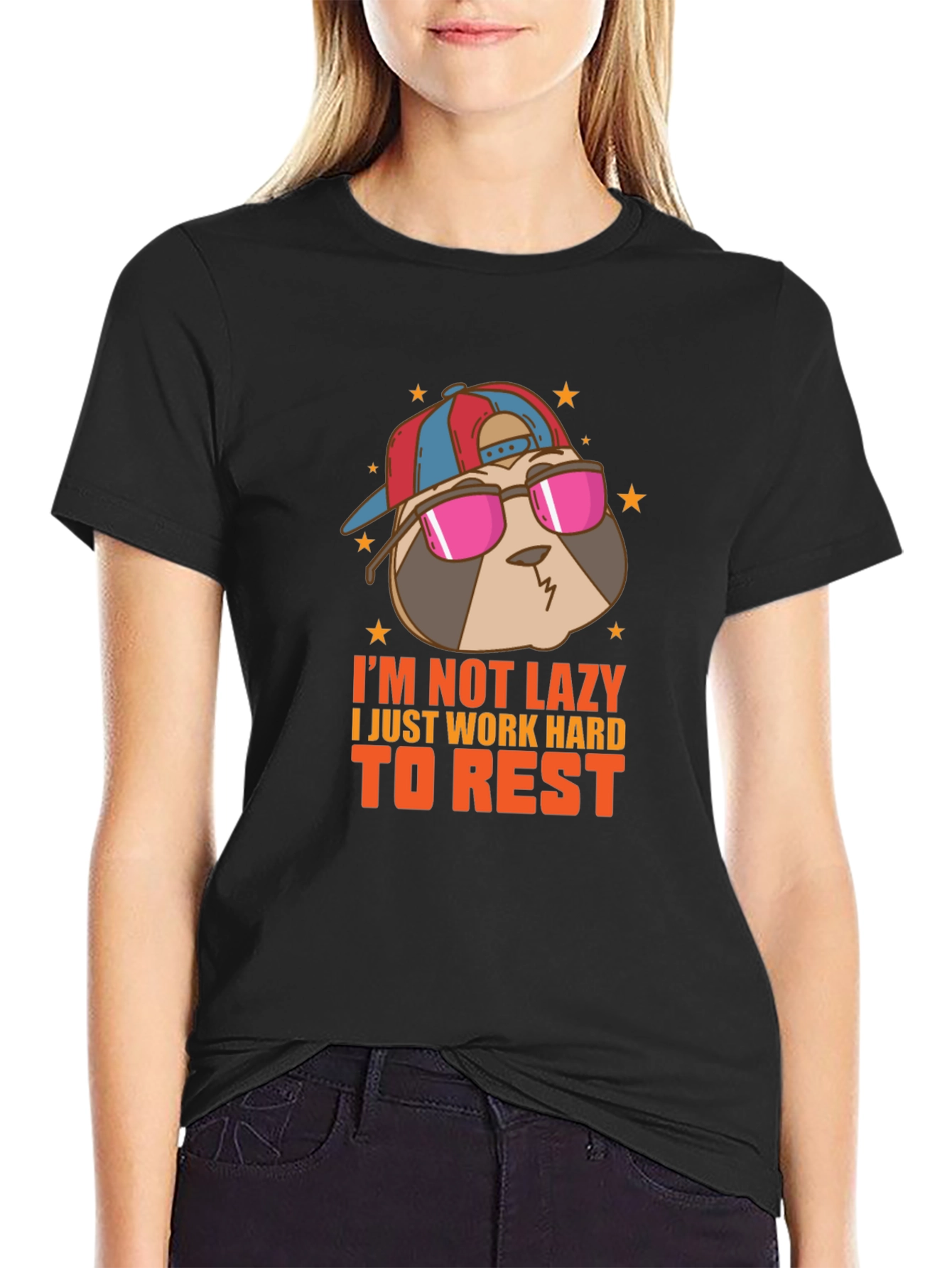 Black Cool Sloth T-Shirt - I'm Not Lazy Design view 2
