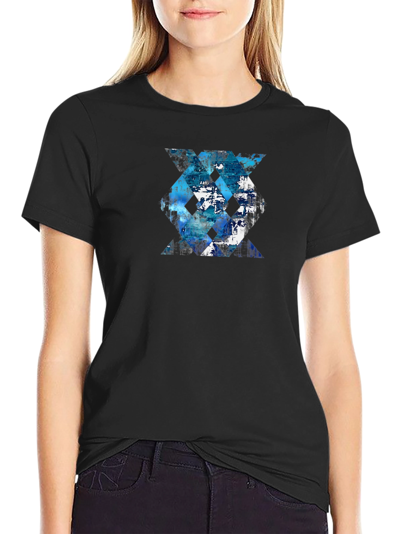 Black Abstract Geometric Tee - Blue Design view 2