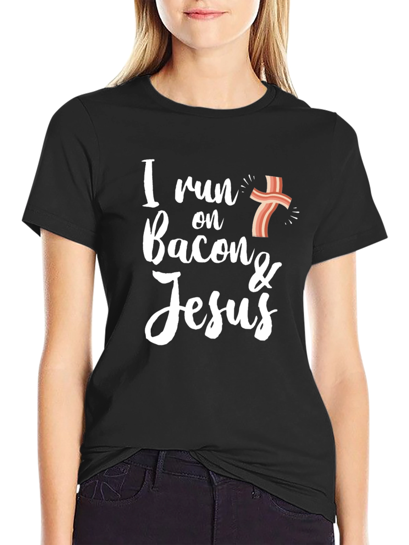 Black I Run on Bacon & Jesus Black Graphic T-Shirt view 2