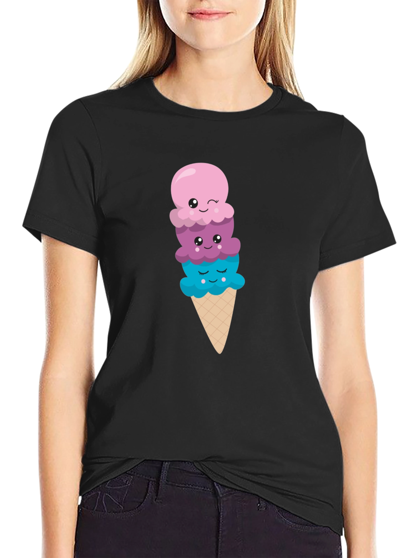 Black Cute Ice Cream Cone Graphic Tee - Black T-Shirt view 2