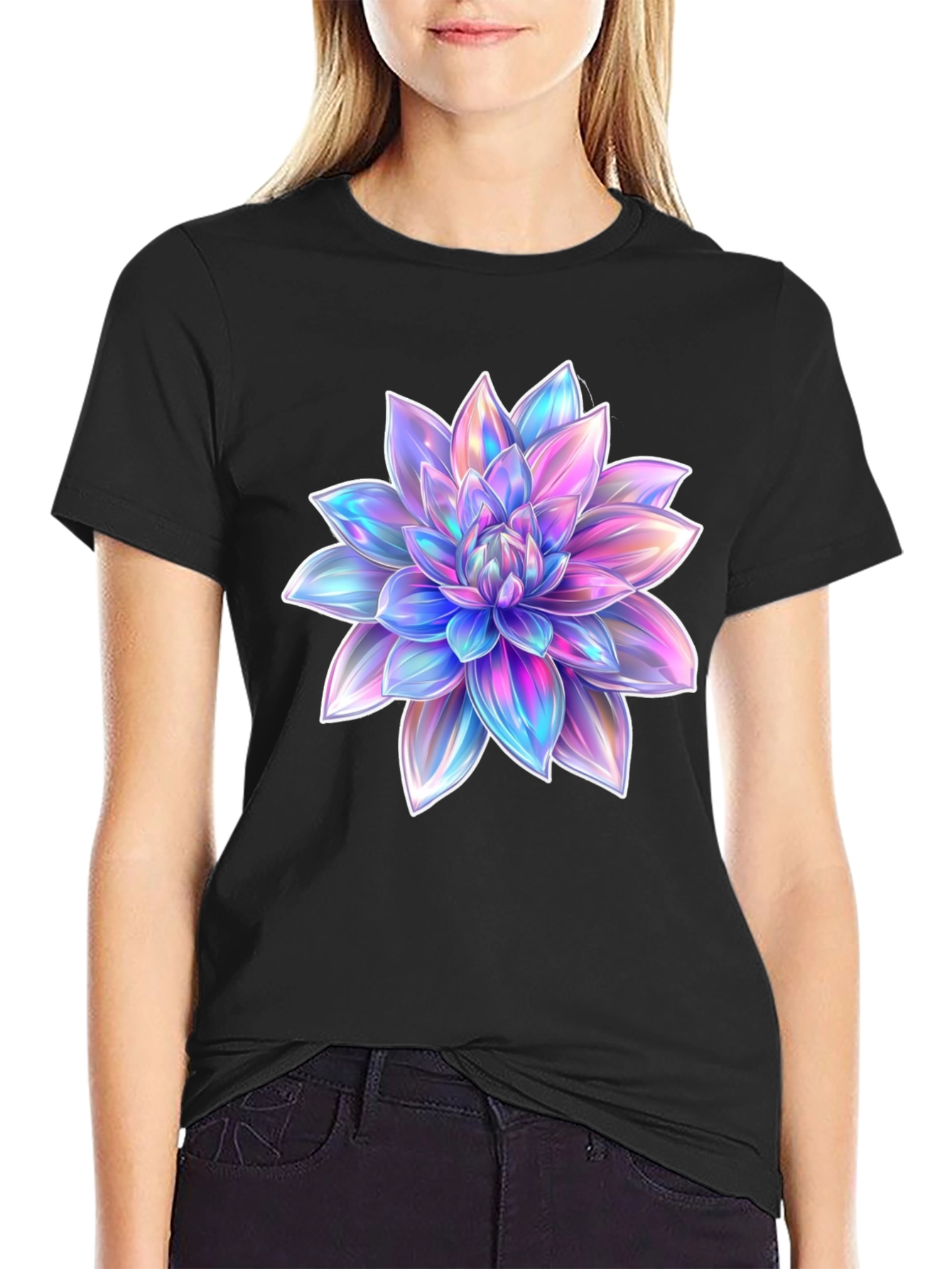 Black Men's Black T-Shirt with Holographic Flower Design view 2