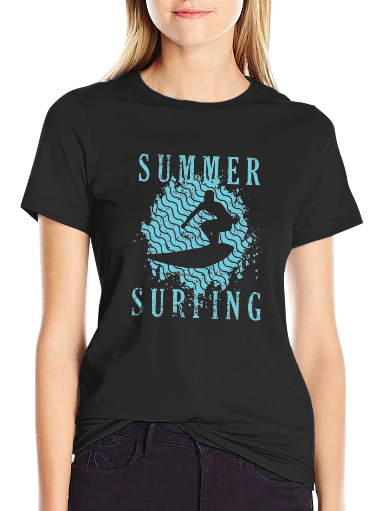 Black Summer Surfing Graphic Tee - Black Cotton T-Shirt view 2