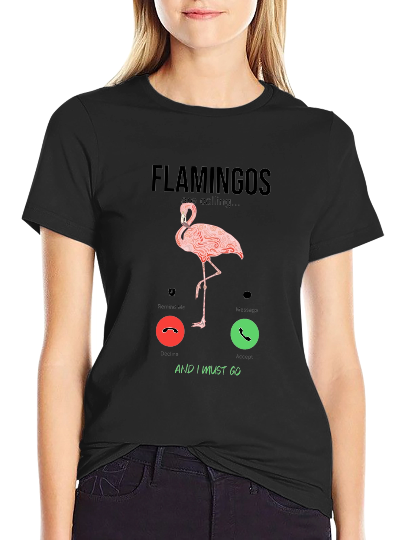 Black Flamingo Calling Graphic T-Shirt view 2