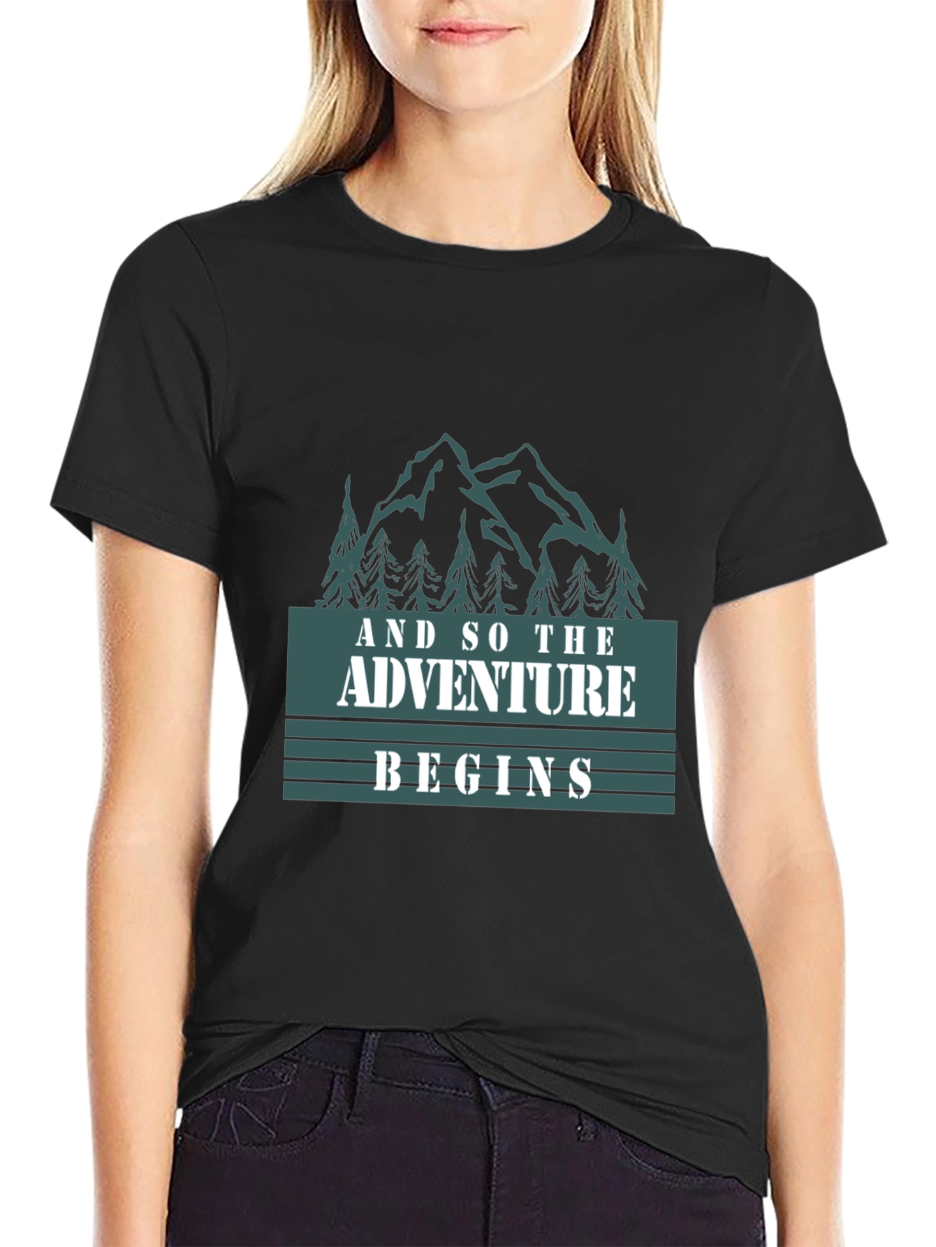 Black Adventure Begins Graphic Tee - Black Cotton T-Shirt view 2