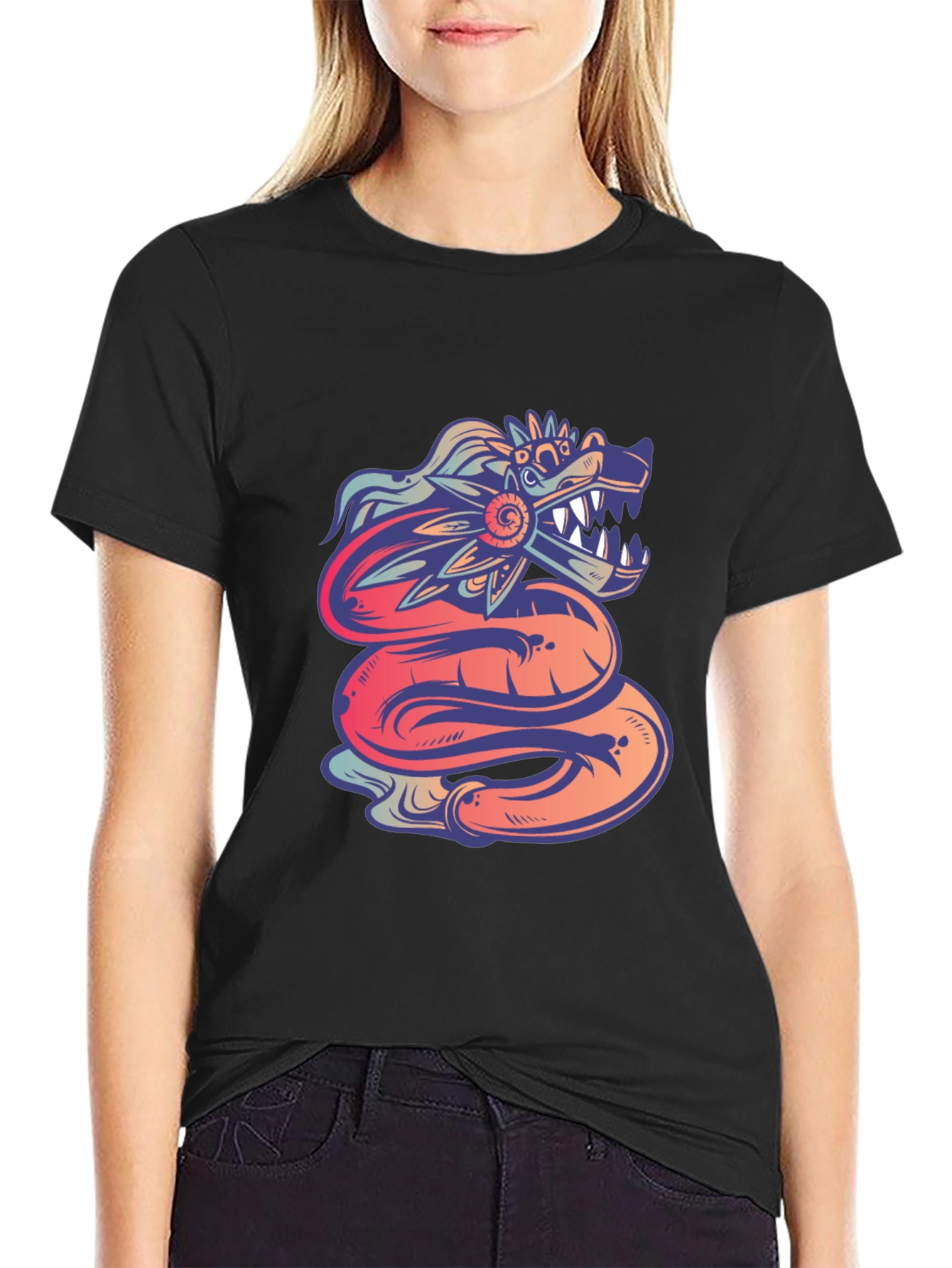 Black Quetzalcoatl Graphic Tee - Mythical Serpent Design view 2
