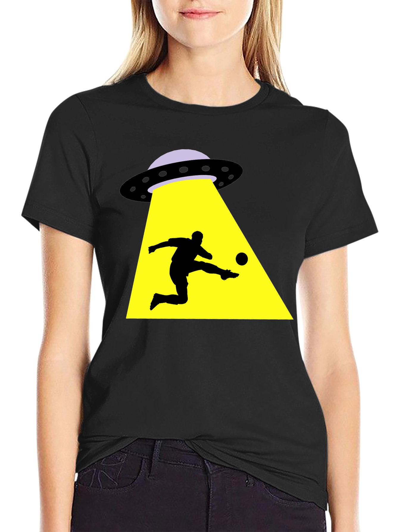 Black Alien Abduction Soccer T-Shirt - Black Cotton Tee view 2