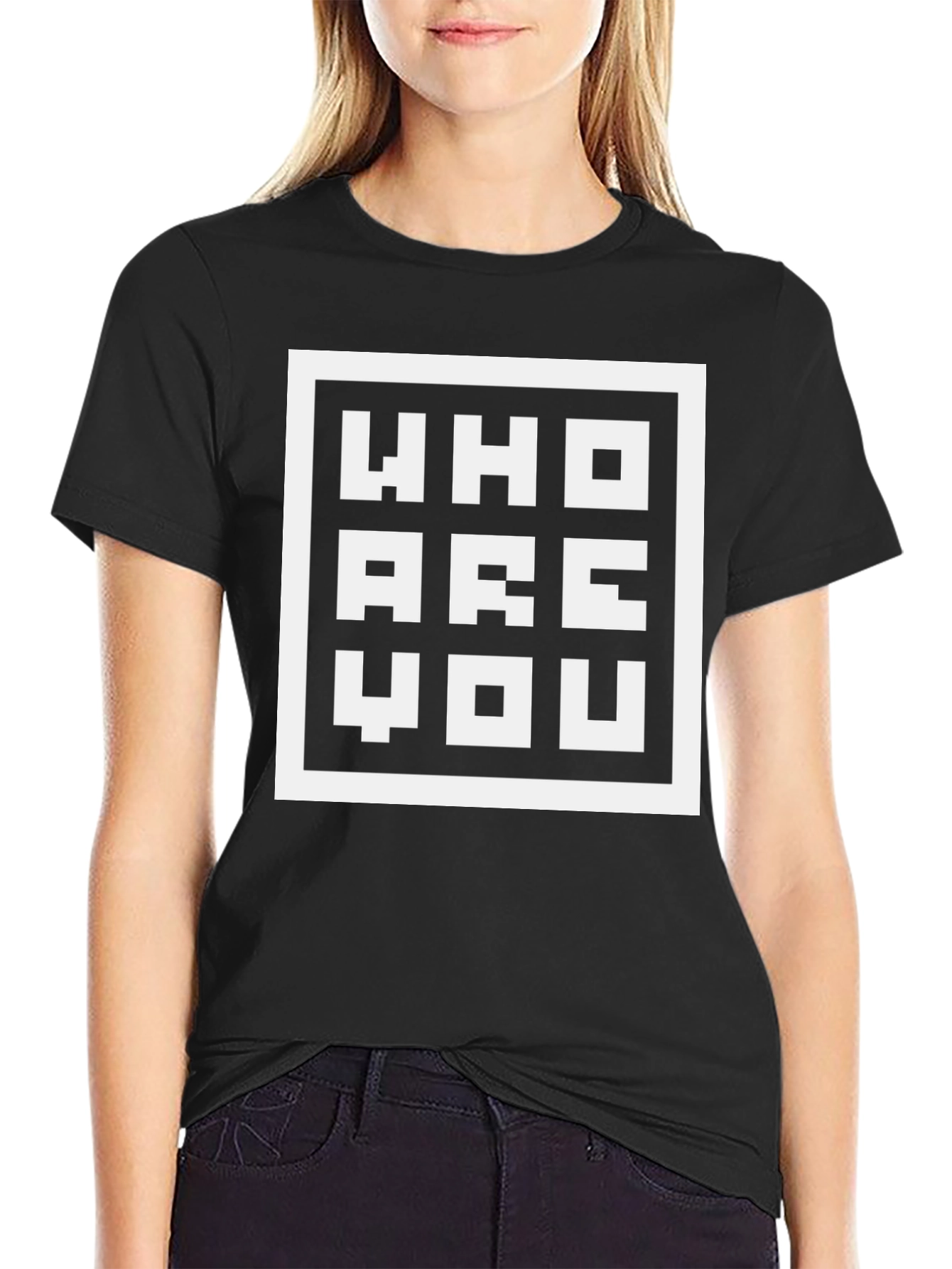 Black Who Are You Graphic Tee - Pixel Art Style view 2