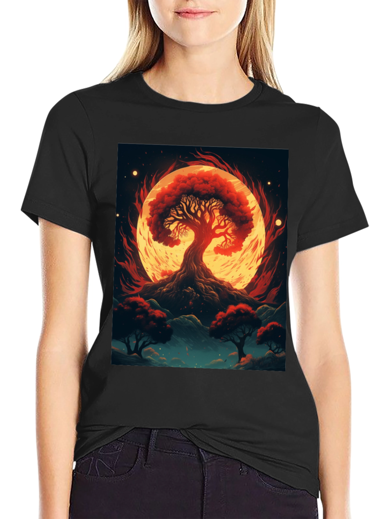 Black Red Tree Graphic Tee - Artistic Black T-Shirt view 2