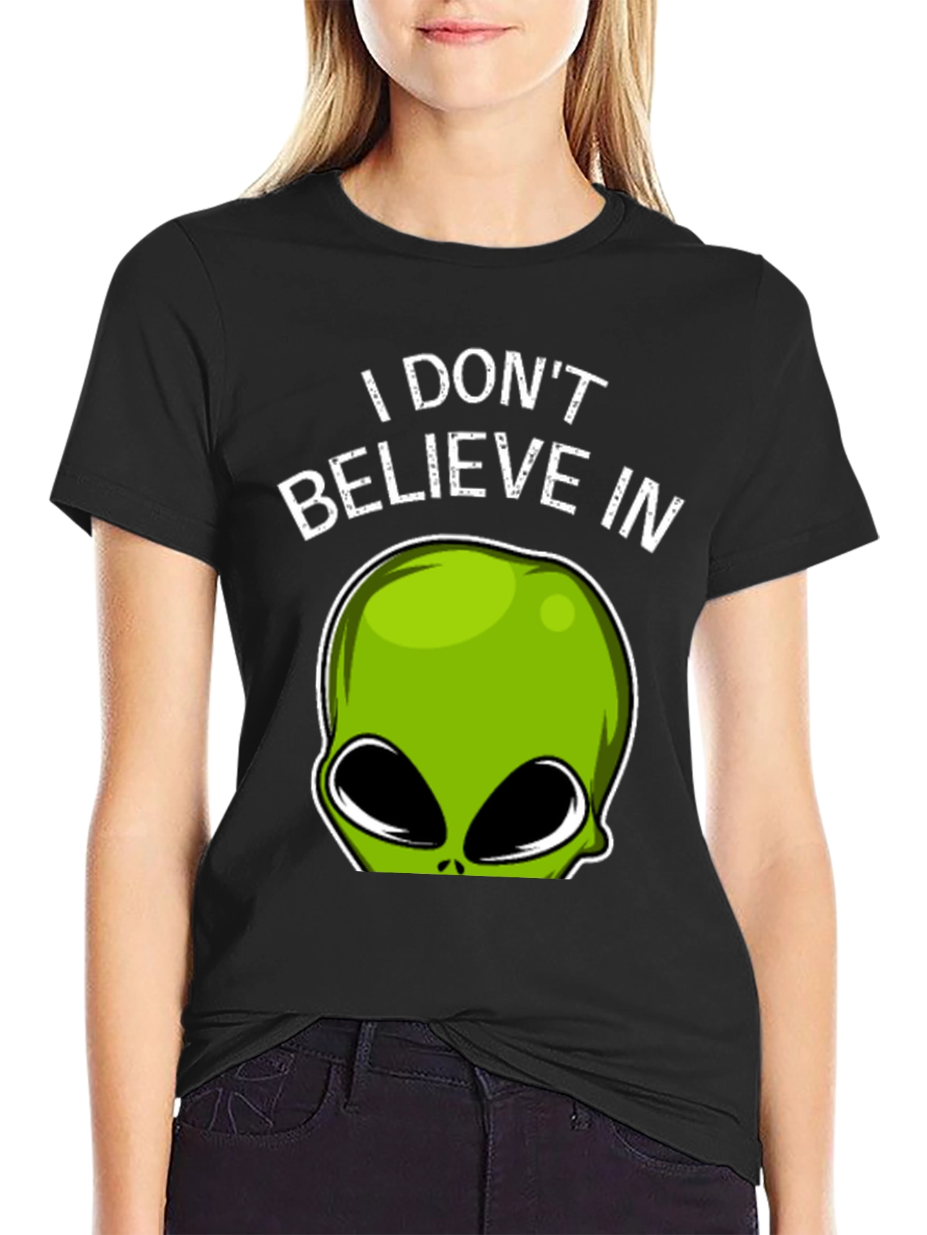 Black Alien Believer T-Shirt - Funny Graphic Tee view 2
