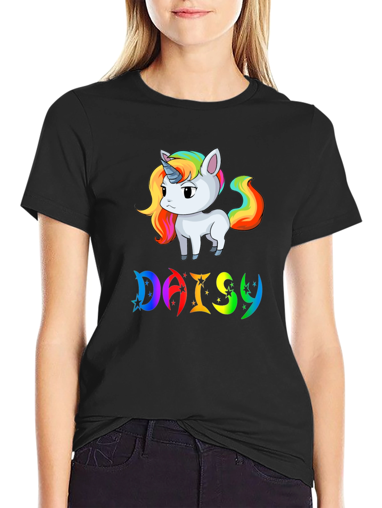 Black Unicorn 'Daisy' Personalized Black T-Shirt view 2