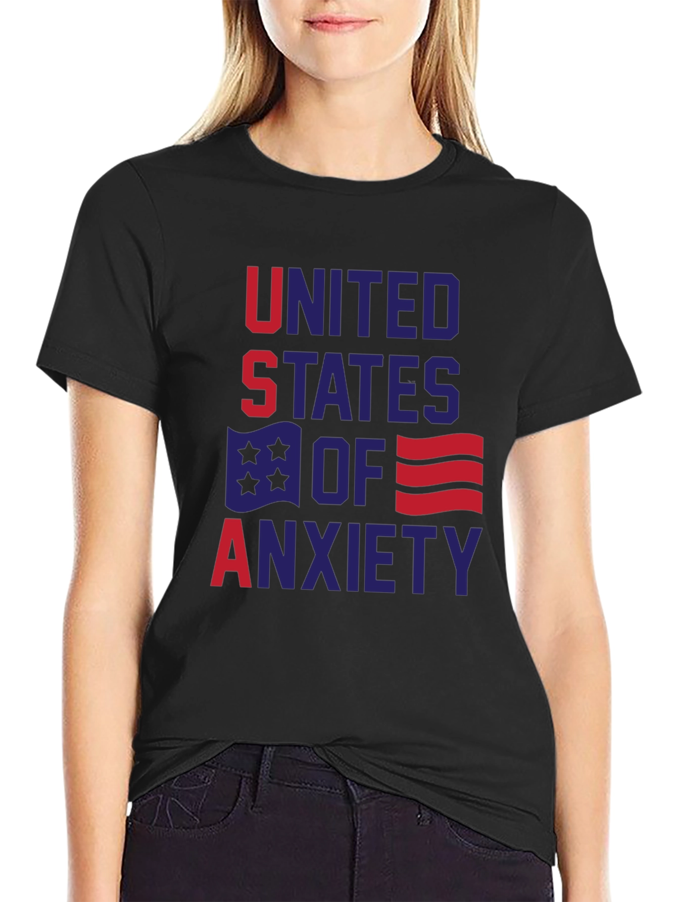 Black United States of Anxiety Graphic T-Shirt view 2