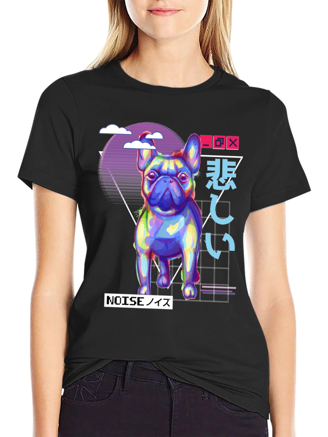 Black Vaporwave French Bulldog Graphic Tee - Black view 2