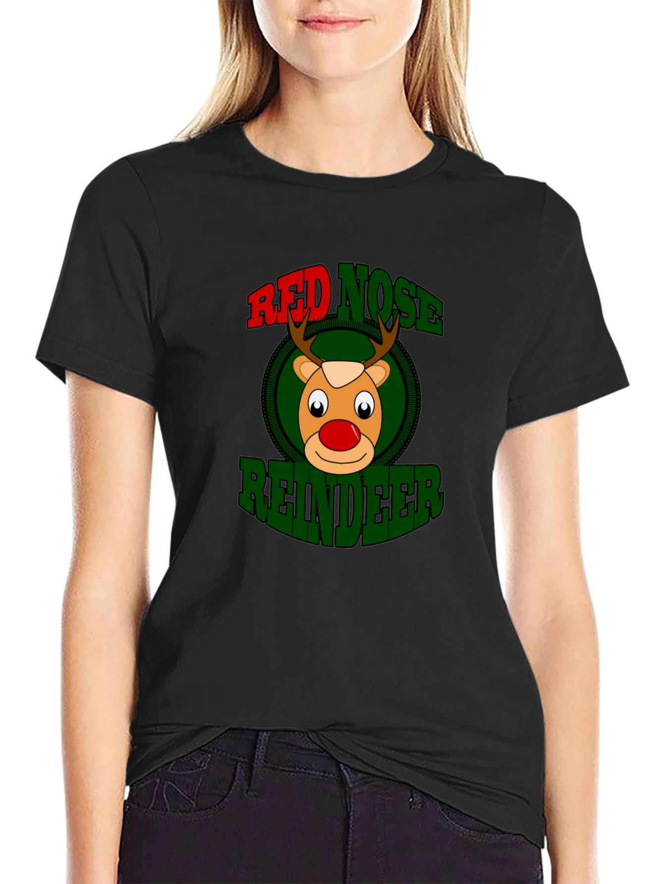 Black Red Nose Reindeer Graphic Tee - Christmas Holiday view 2