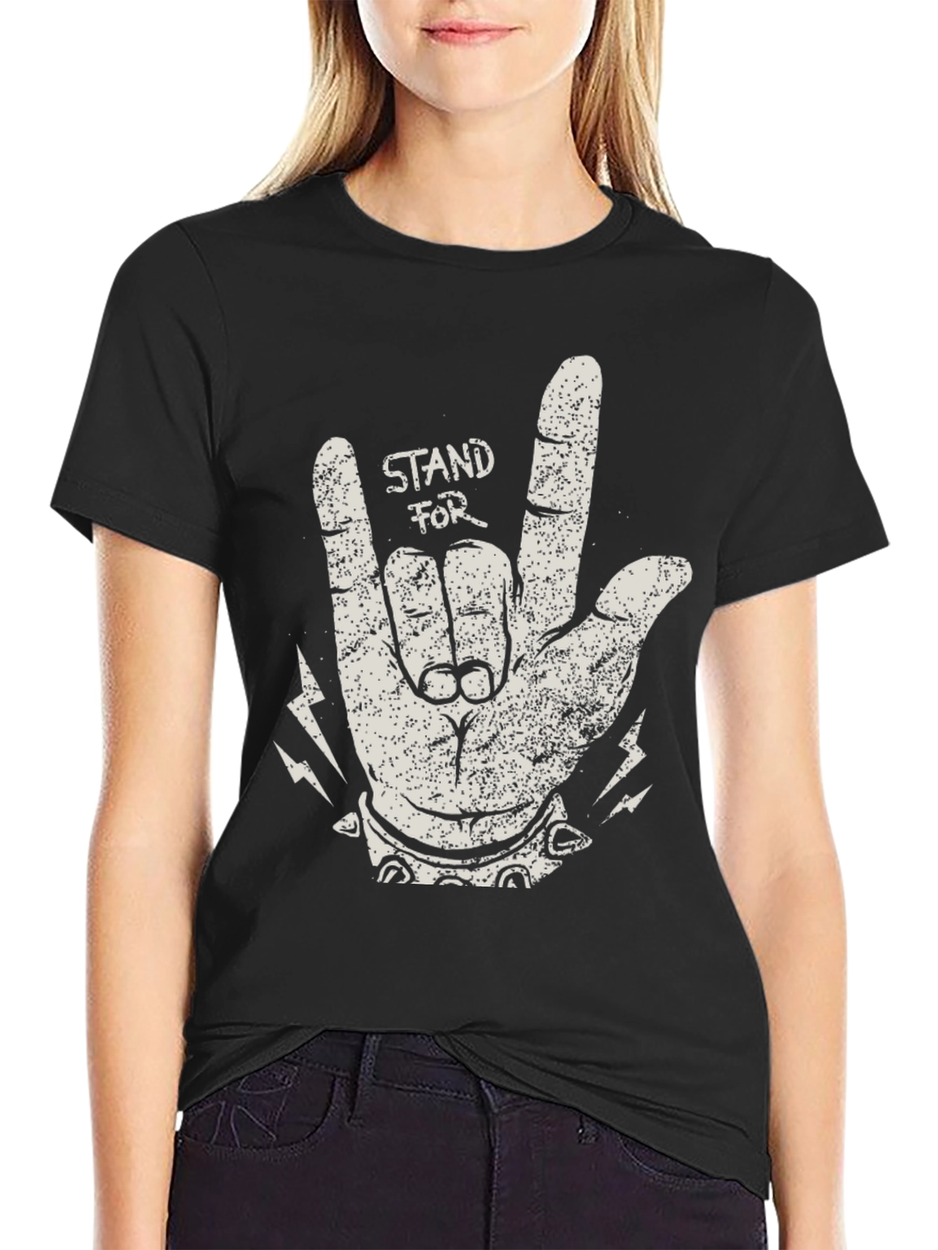 Black Stand For Rock Graphic Black T-Shirt view 2