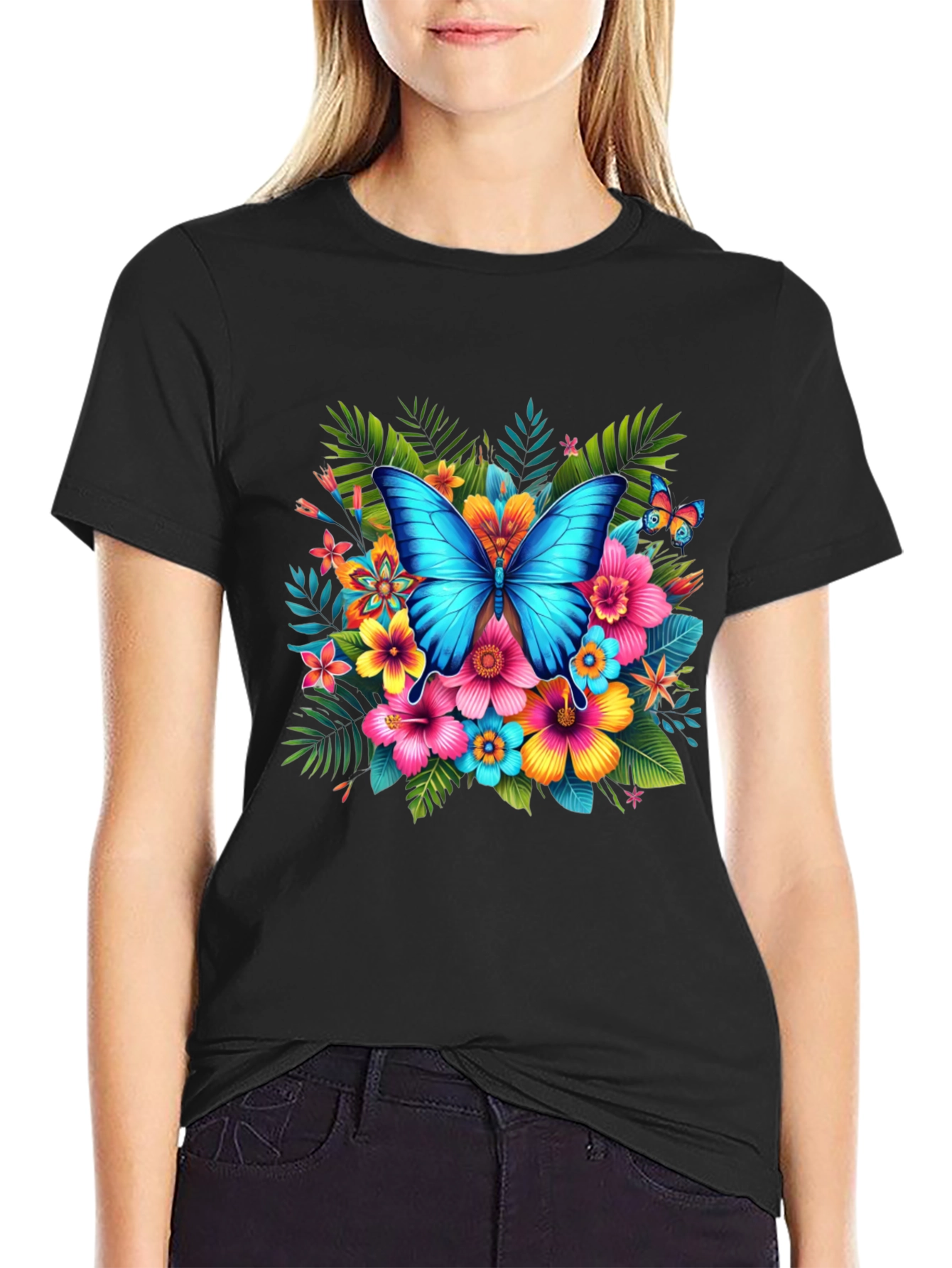 Black Butterfly Floral Black T-Shirt view 2