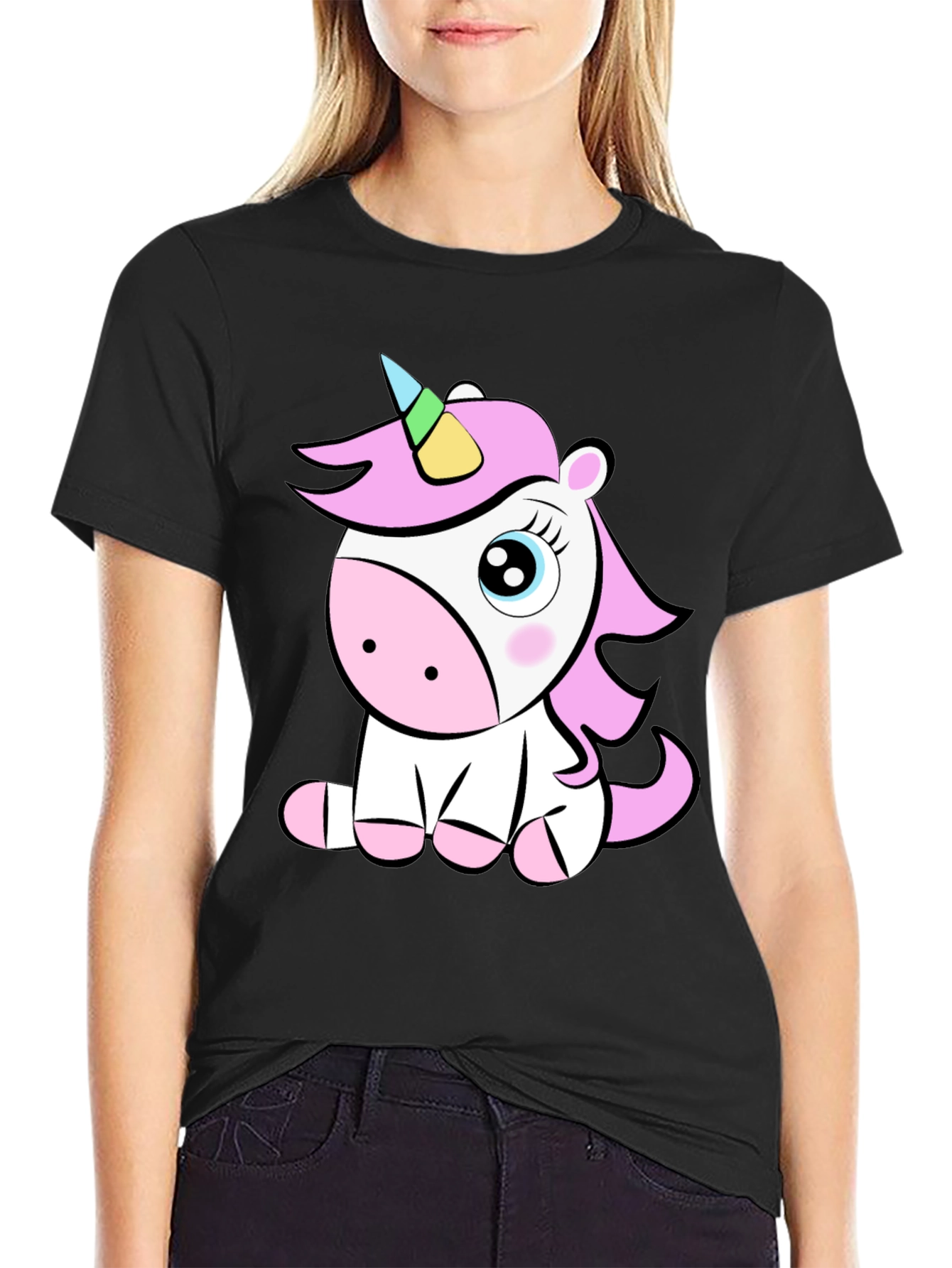 Black Cute Unicorn Graphic T-Shirt - Black Cotton Tee view 2
