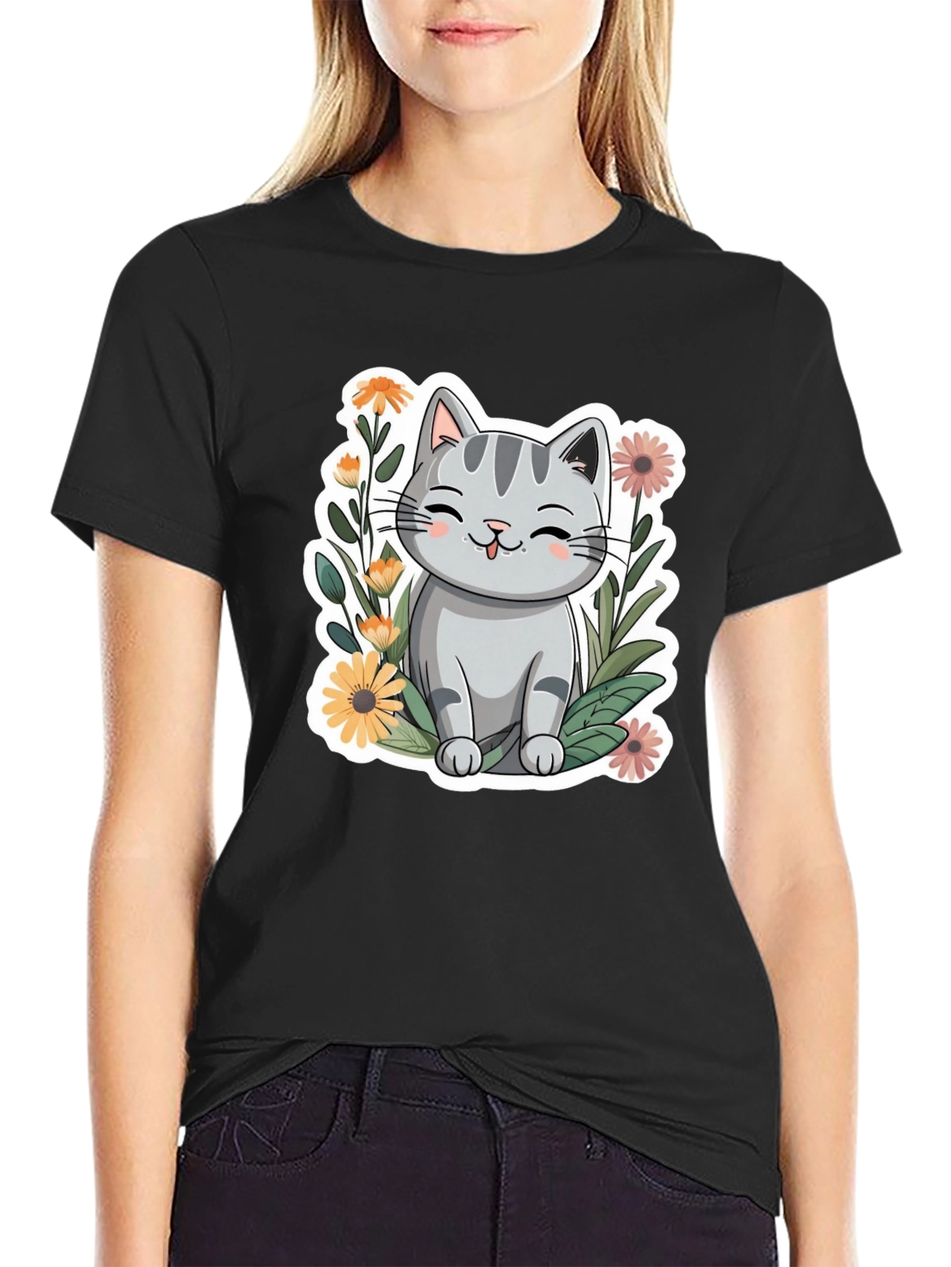 Black Cute Cat in Flowers Black T-Shirt view 2
