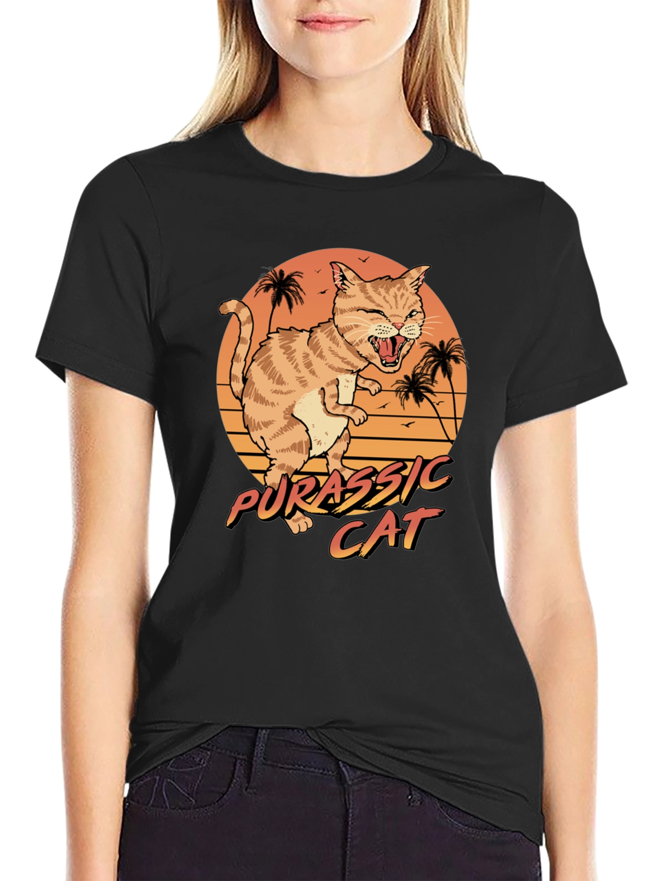 Black Jurassic Cat Graphic T-Shirt - Retro Style view 2
