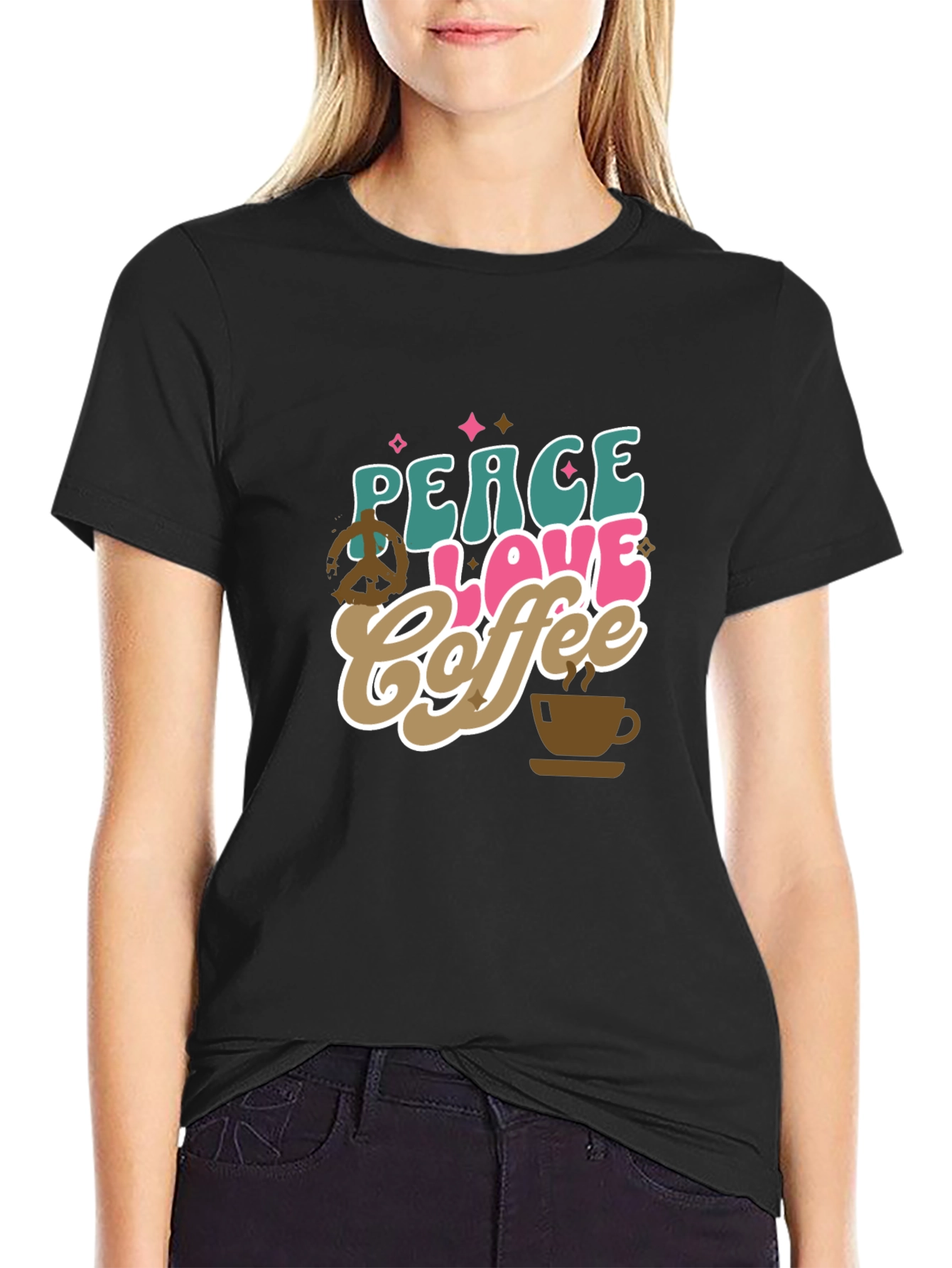Black Peace Love Coffee Graphic T-Shirt - Trendy Design view 2