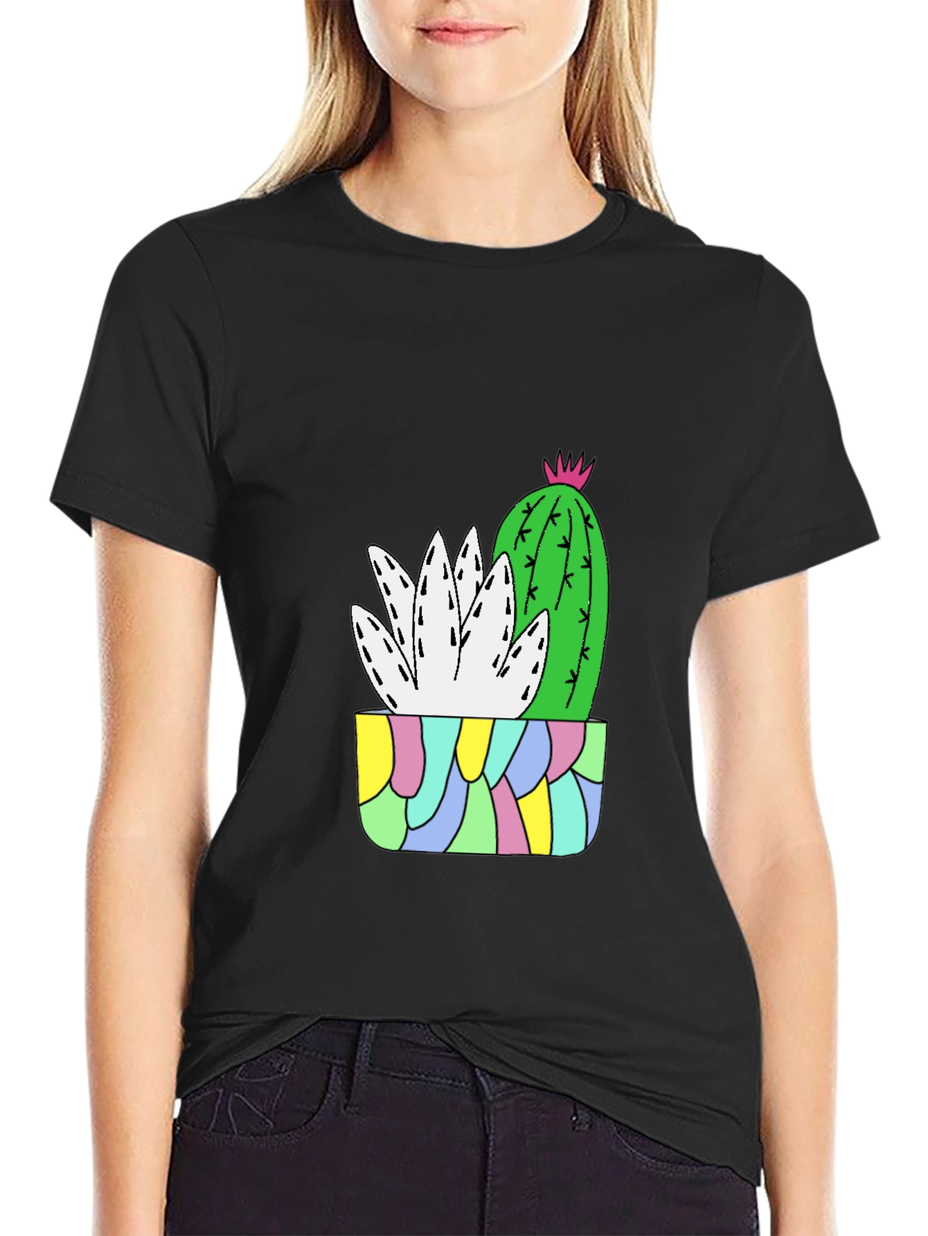 Black Cactus Plant Graphic Tee - Black Cotton T-Shirt view 2
