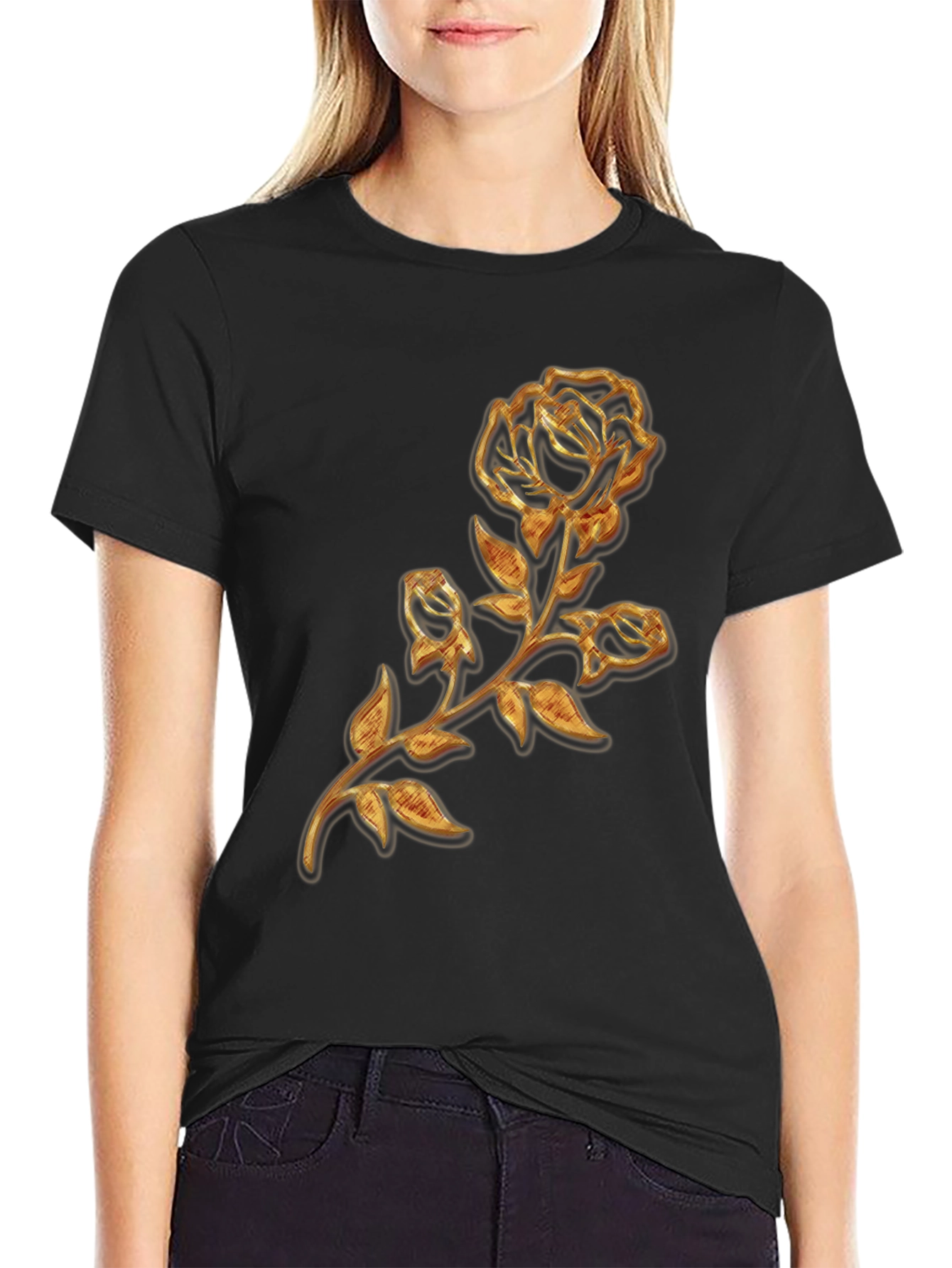 Black Golden Rose Embossed Graphic T-Shirt view 2